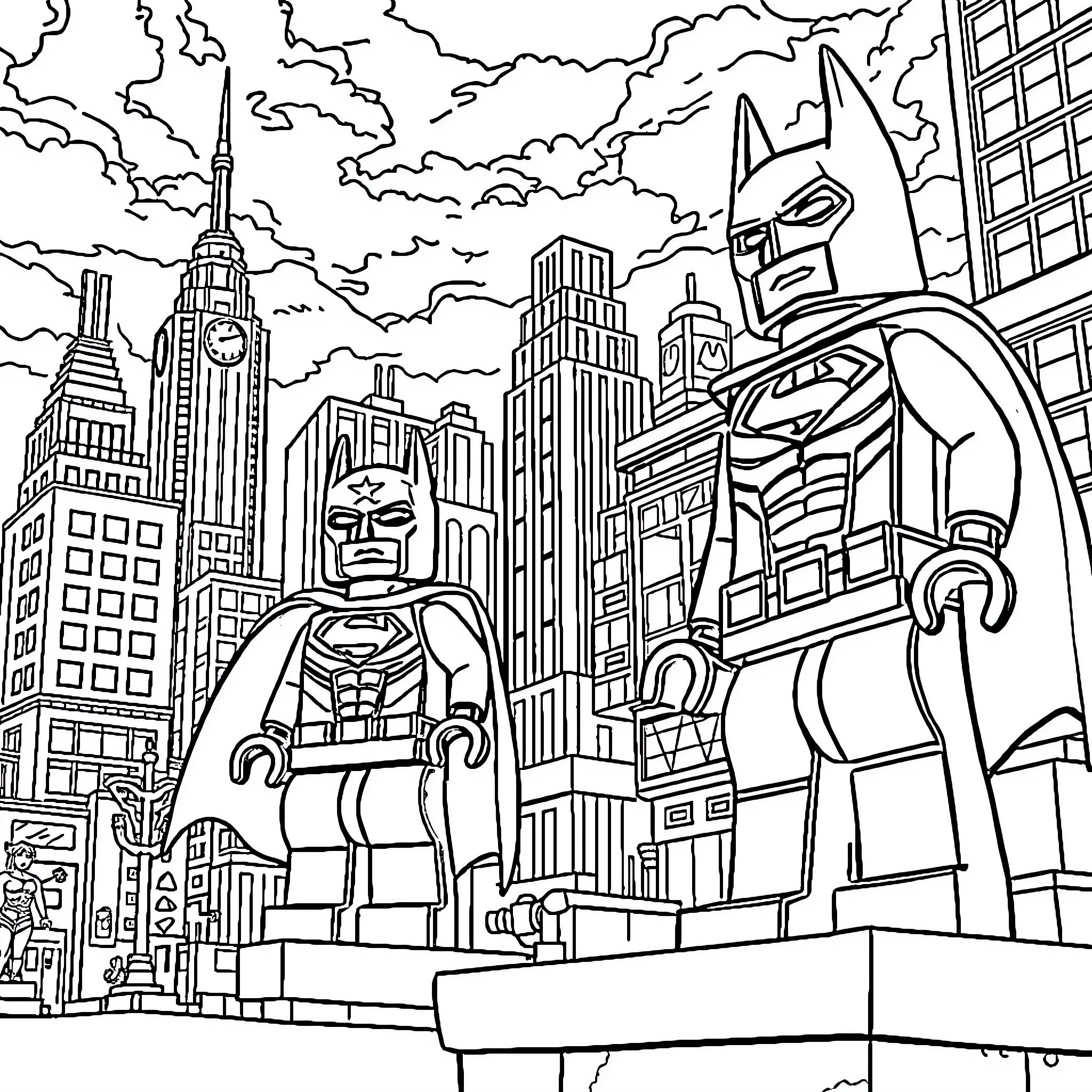 Lego superheroes in epic cityscape adventure Coloring Page (free black-and-white line drawing printable PDF for all, from beginners to advanced learners, including children, teens, adults, and seniors)