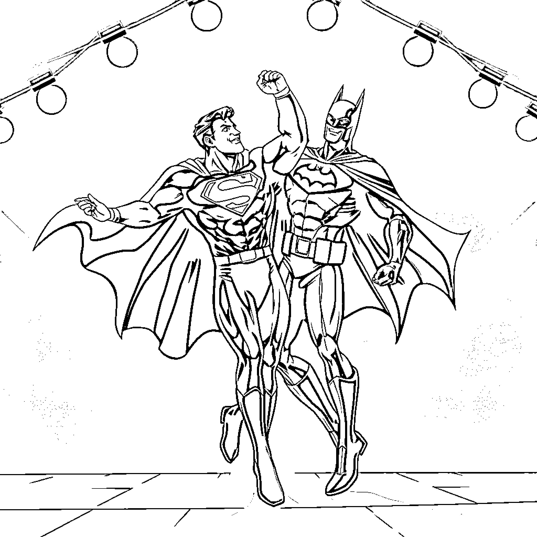 Superman and Batman heroic duo in action Coloring Page (free black-and-white line drawing printable PDF for all, from beginners to advanced learners, including children, teens, adults, and seniors)
