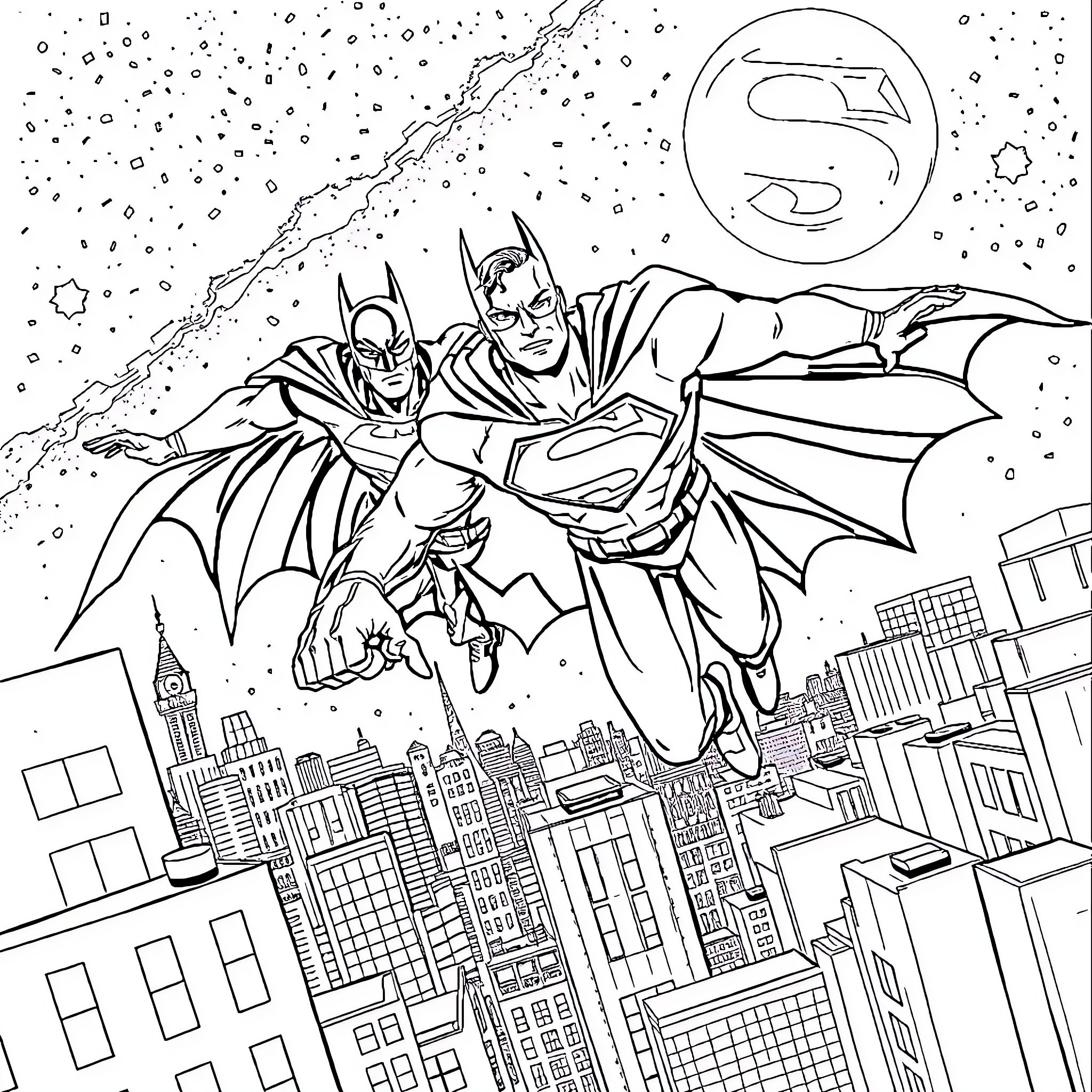 Batman and Superman flying over a city Coloring Page (free black-and-white line drawing printable PDF for all, from beginners to advanced learners, including children, teens, adults, and seniors)