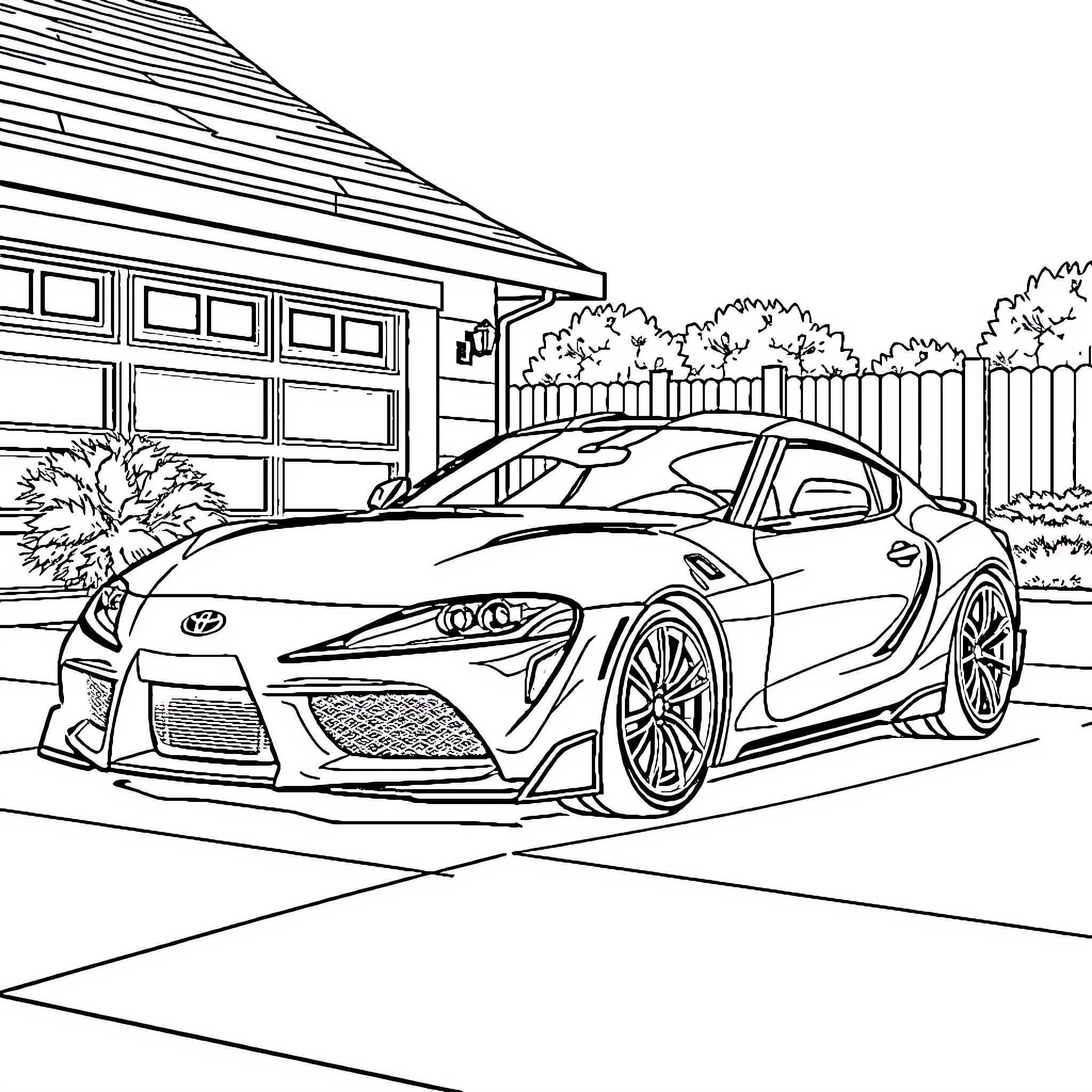Supra Sports Car in Suburban Driveway Coloring Page (free black-and-white line drawing printable PDF for all, from beginners to advanced learners, including children, teens, adults, and seniors)