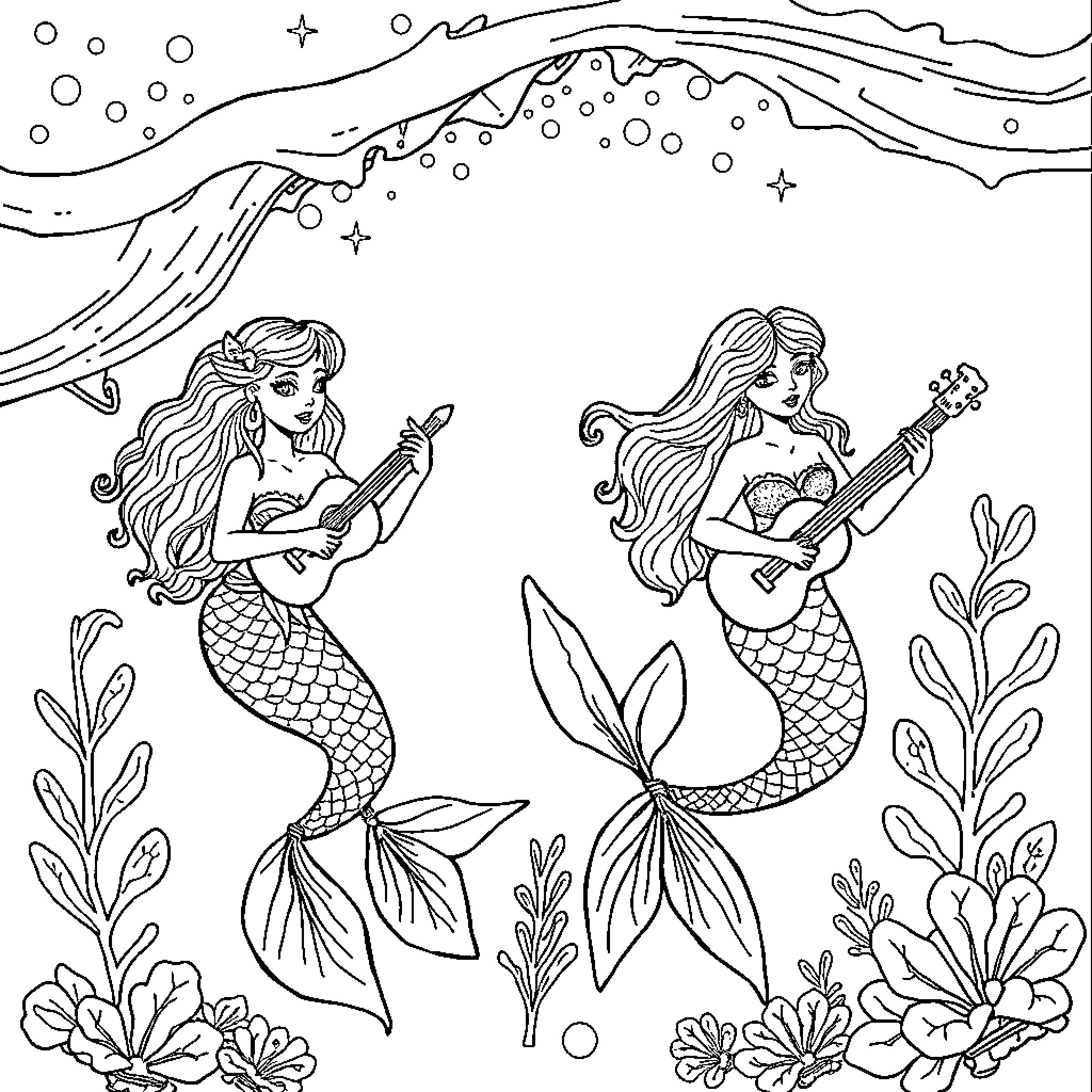 Mermaid Singers Perform Underwater Serenade Coloring Page (free black-and-white line drawing printable PDF for all, from beginners to advanced learners, including children, teens, adults, and seniors)