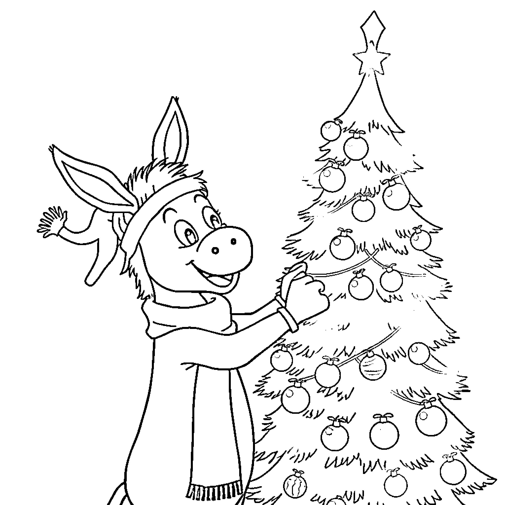 Donkey decorating Christmas tree with ornaments Coloring Page (free black-and-white line drawing printable PDF for all, from beginners to advanced learners, including children, teens, adults, and seniors)