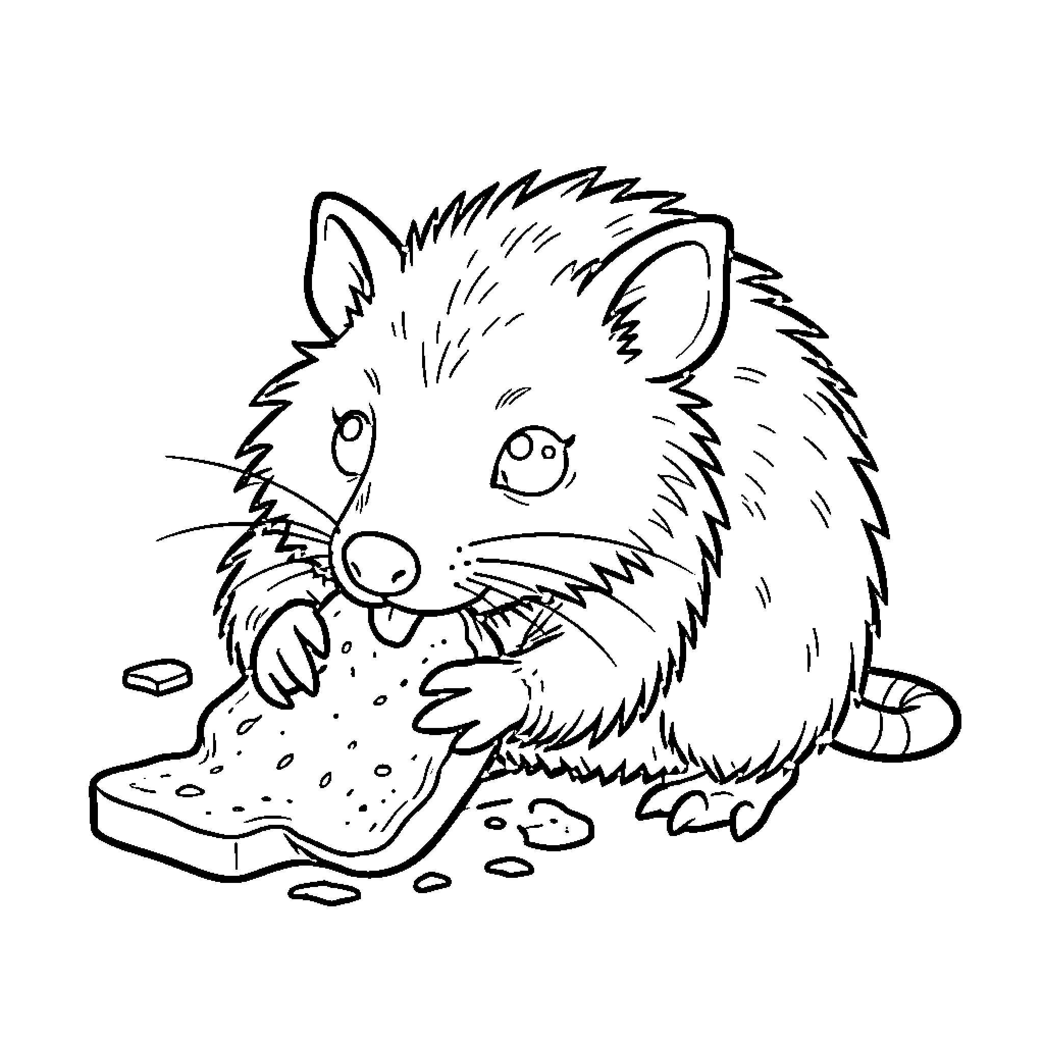 Tlacuache eating food scraps Coloring Page (free black-and-white line drawing printable PDF for all, from beginners to advanced learners, including children, teens, adults, and seniors)