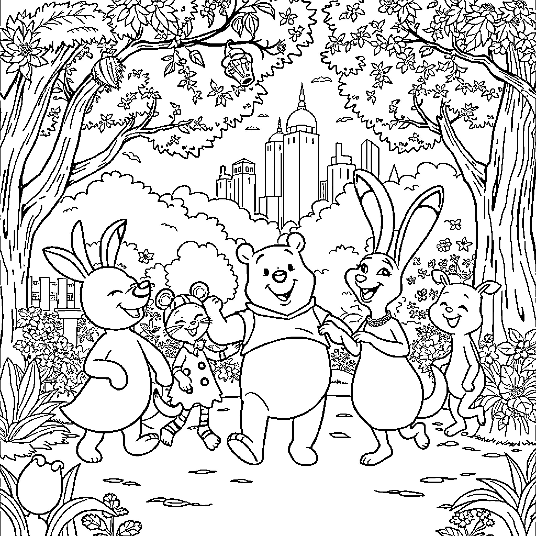 Winnie and Friends Explore the Enchanted Forest Coloring Page (free black-and-white line drawing printable PDF for all, from beginners to advanced learners, including children, teens, adults, and seniors)