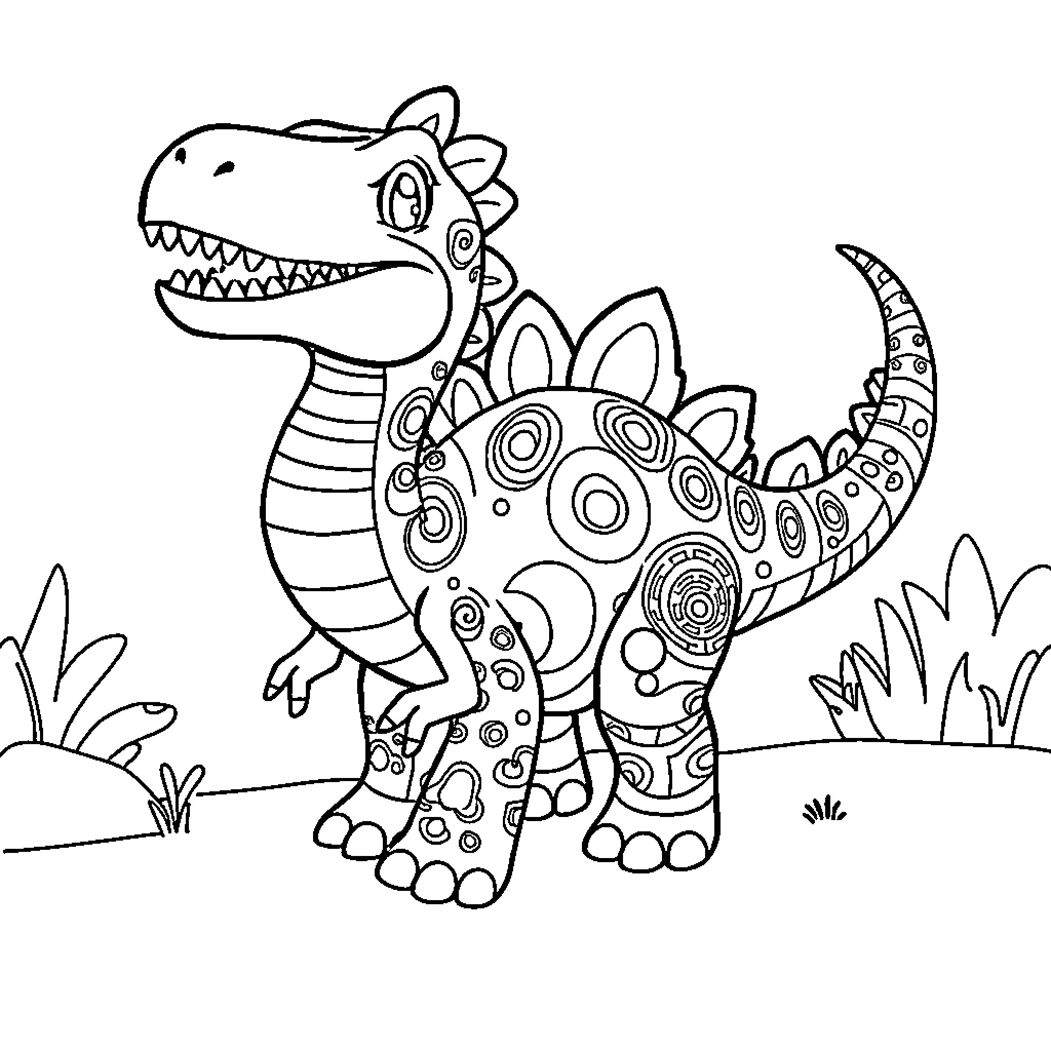 Spinosaurus in Vibrant Prehistoric Setting Coloring Page (free black-and-white line drawing printable PDF for all, from beginners to advanced learners, including children, teens, adults, and seniors)