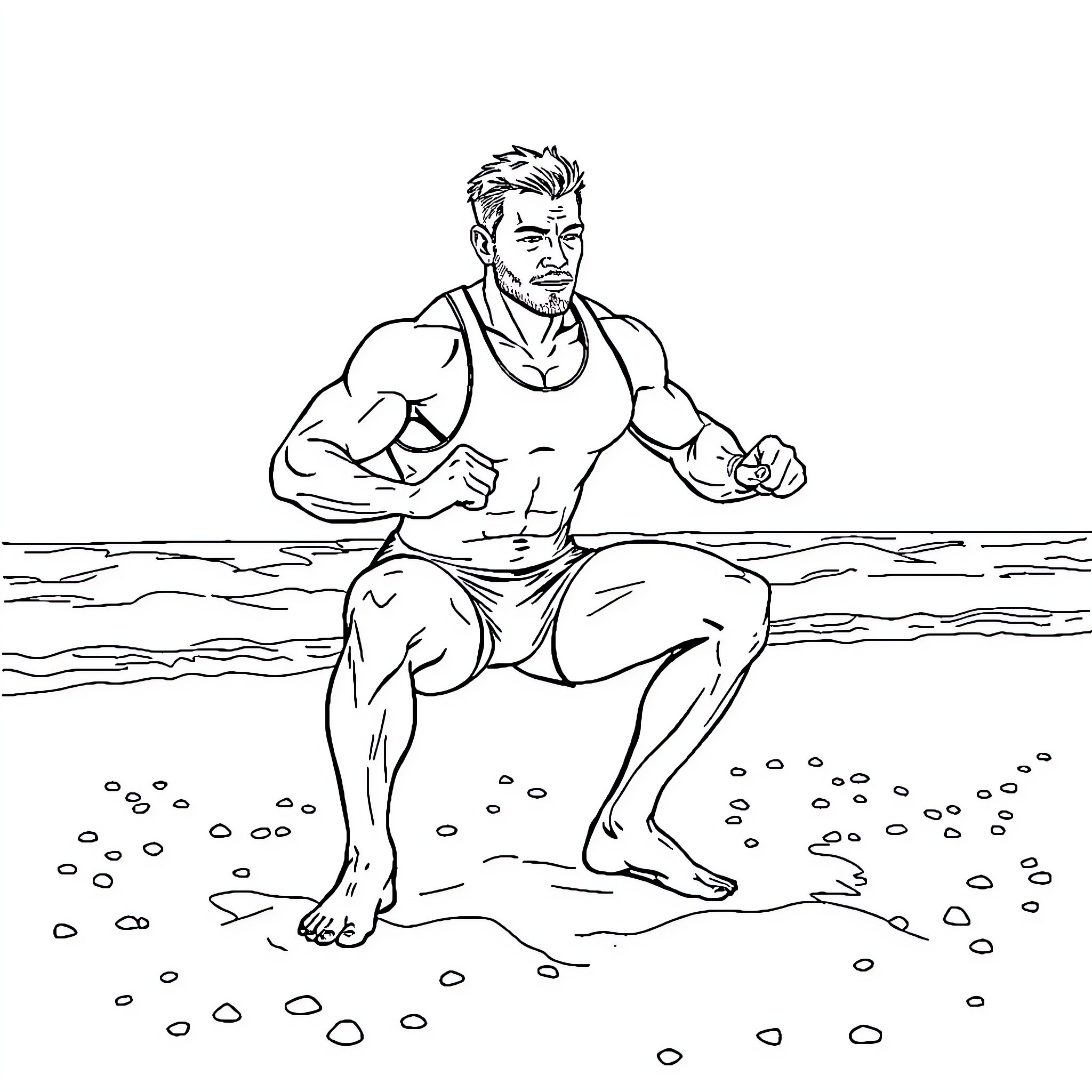 CrossFitter training intensely on the beach Coloring Page (free black-and-white line drawing printable PDF for all, from beginners to advanced learners, including children, teens, adults, and seniors)