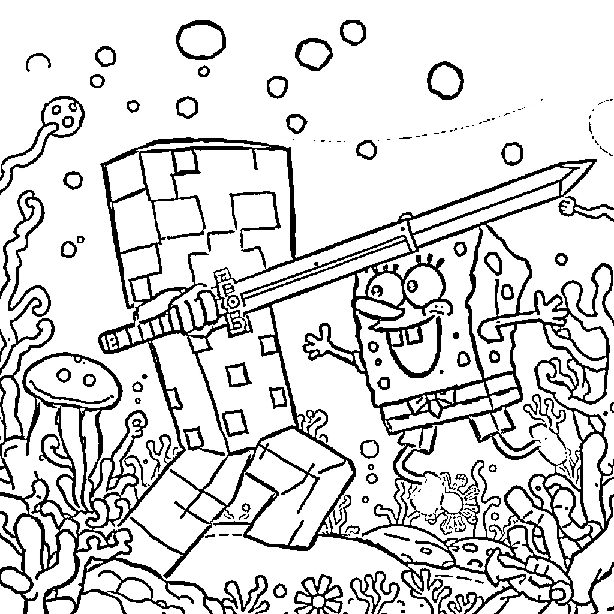 Creeper's underwater adventure with friendly creatures Coloring Page (free black-and-white line drawing printable PDF for all, from beginners to advanced learners, including children, teens, adults, and seniors)