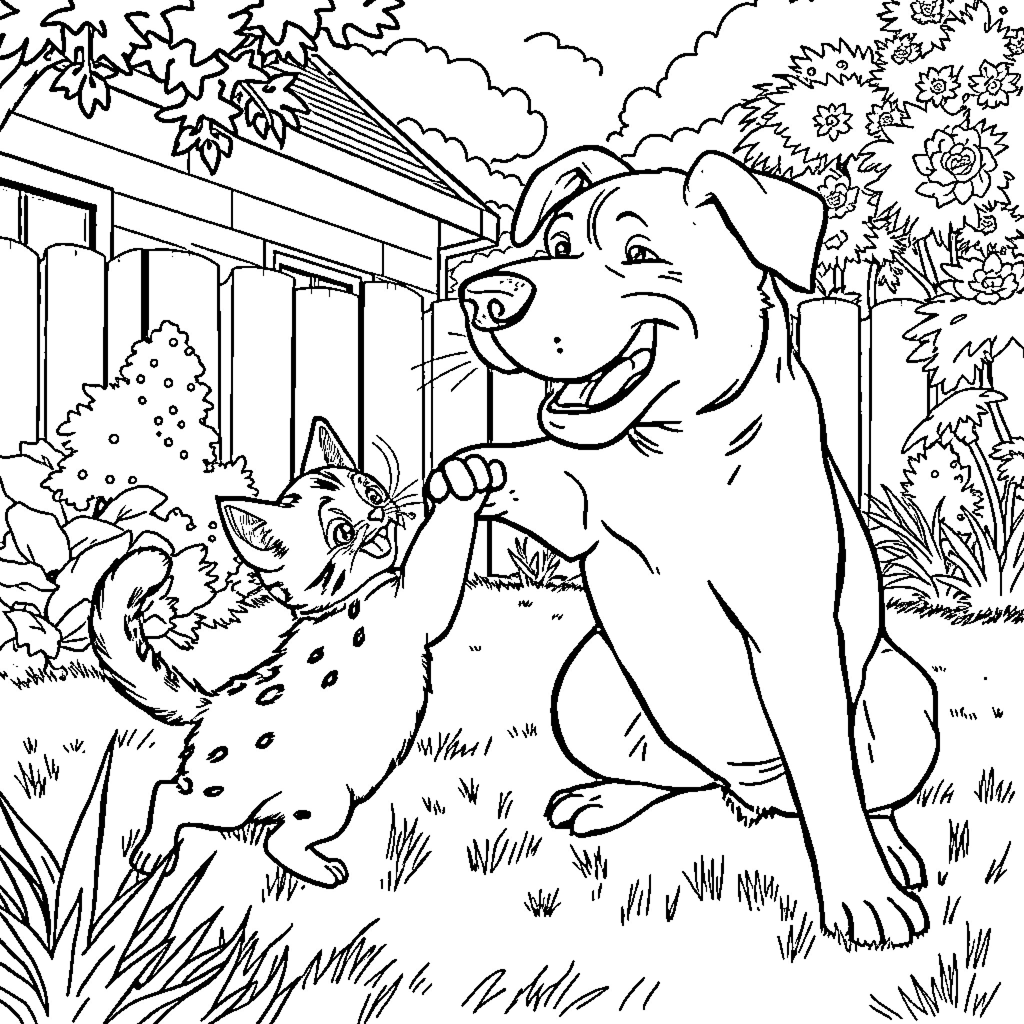 Cat and dog playing outdoors Coloring Page (free black-and-white line drawing printable PDF for all, from beginners to advanced learners, including children, teens, adults, and seniors)