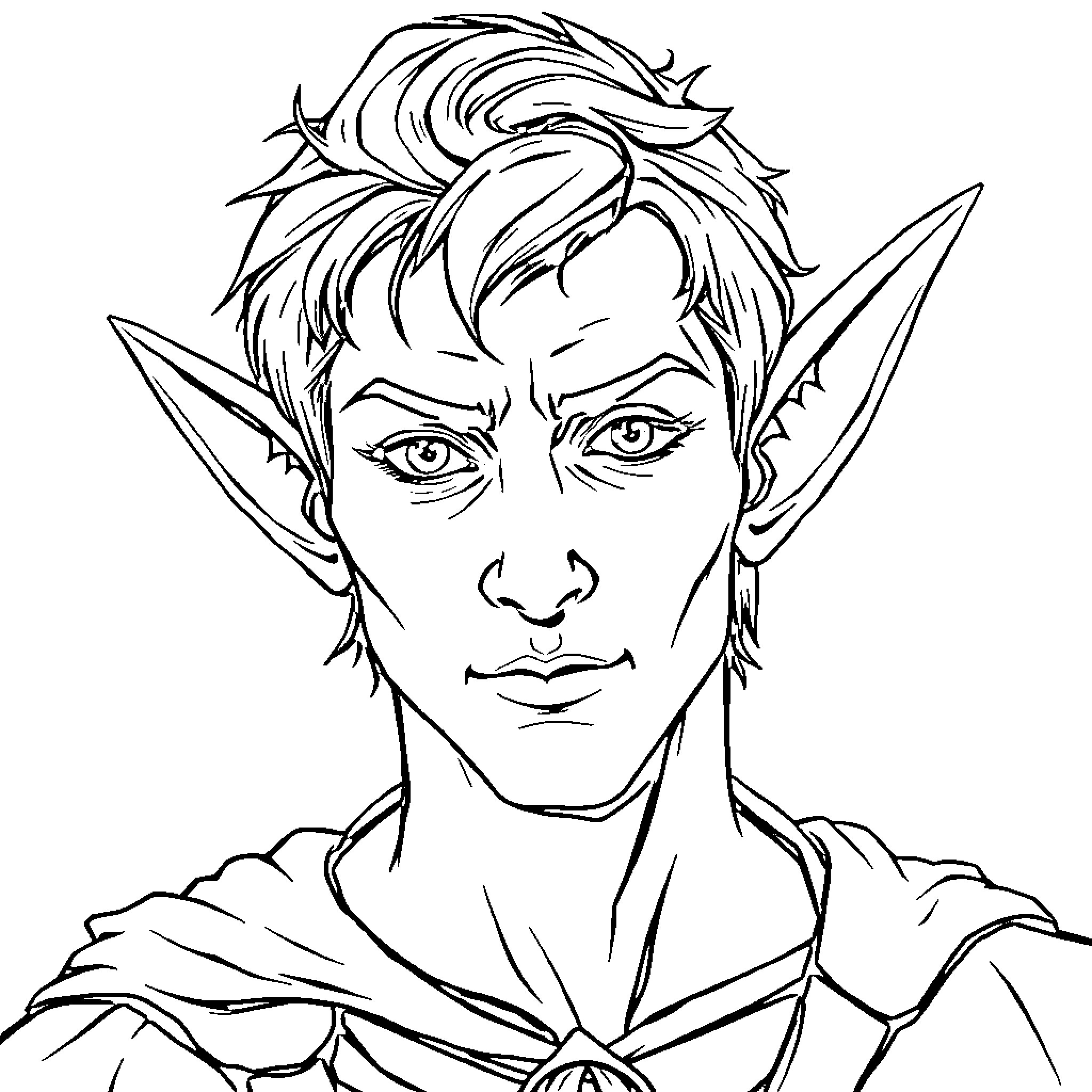 Elf warrior with intense expression and sharp features Coloring Page (free black-and-white line drawing printable PDF for all, from beginners to advanced learners, including children, teens, adults, and seniors)