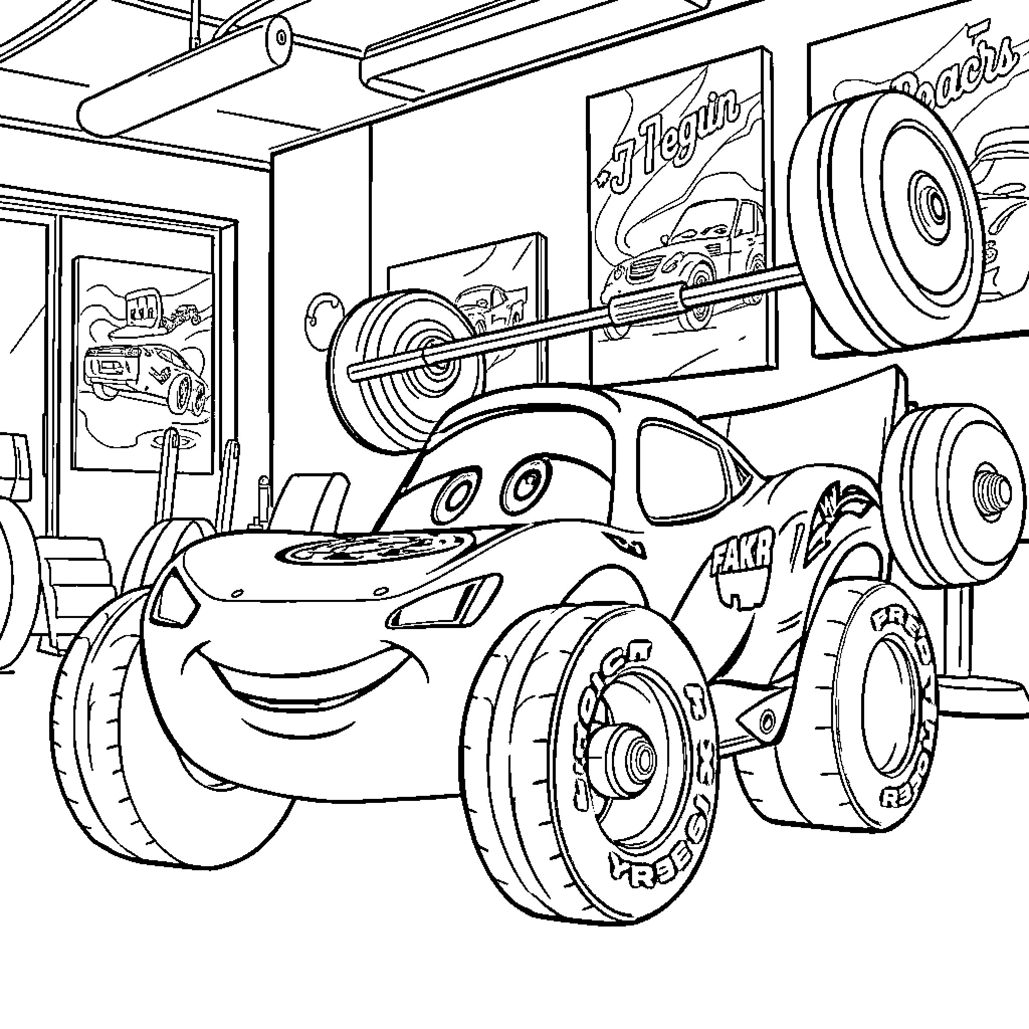 Rayo McQueen in the auto repair shop Coloring Page (free black-and-white line drawing printable PDF for all, from beginners to advanced learners, including children, teens, adults, and seniors)