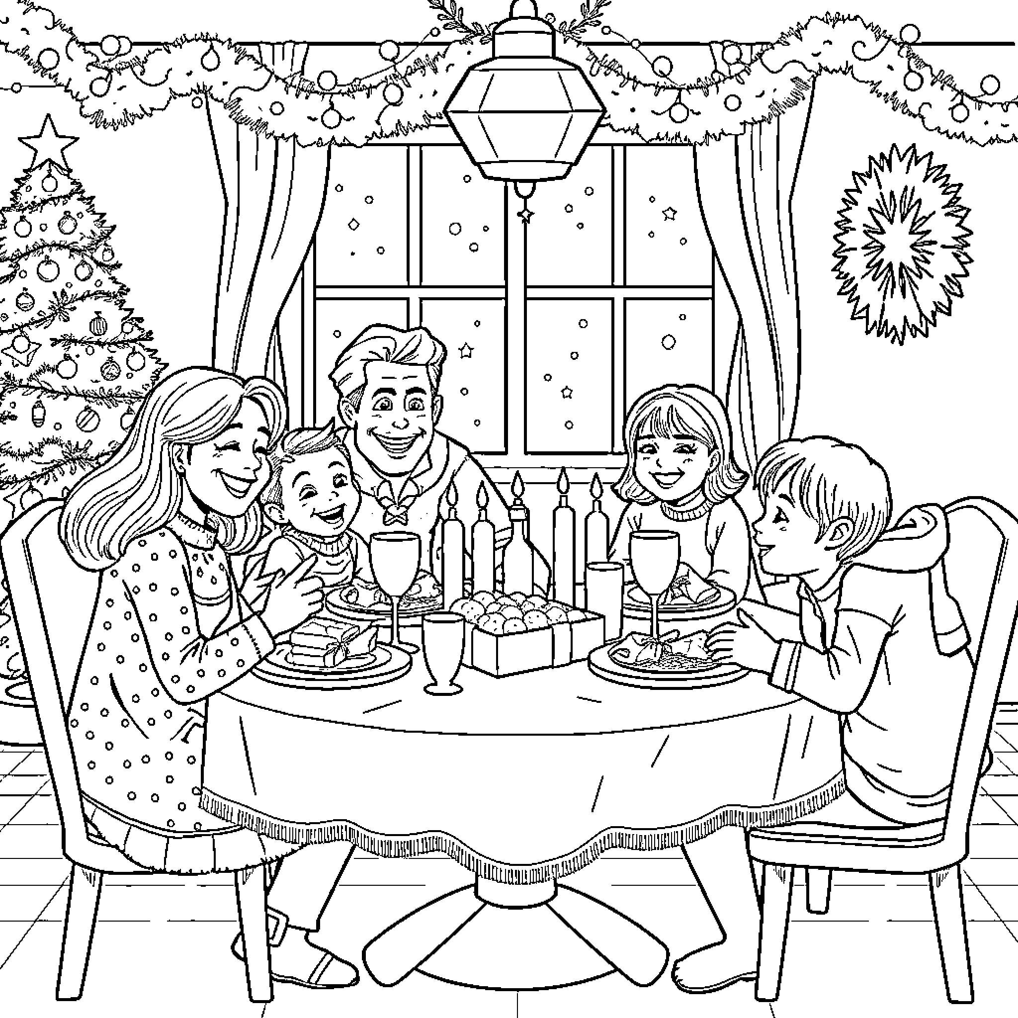 Family Enjoying Christmas Dinner Together Coloring Page (free black-and-white line drawing printable PDF for all, from beginners to advanced learners, including children, teens, adults, and seniors)