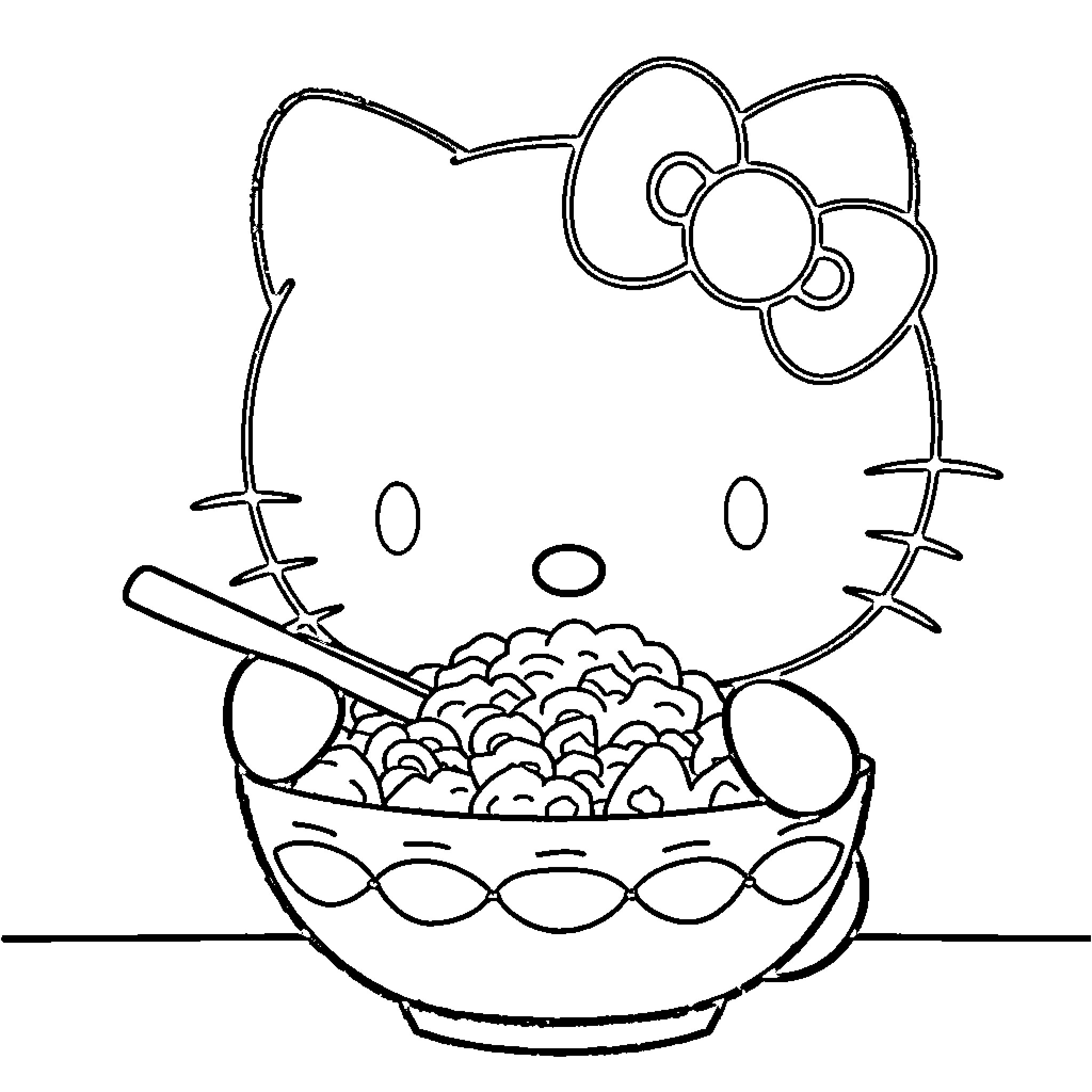 Hello Kitty enjoying a bowl of treats Coloring Page (free black-and-white line drawing printable PDF for all, from beginners to advanced learners, including children, teens, adults, and seniors)