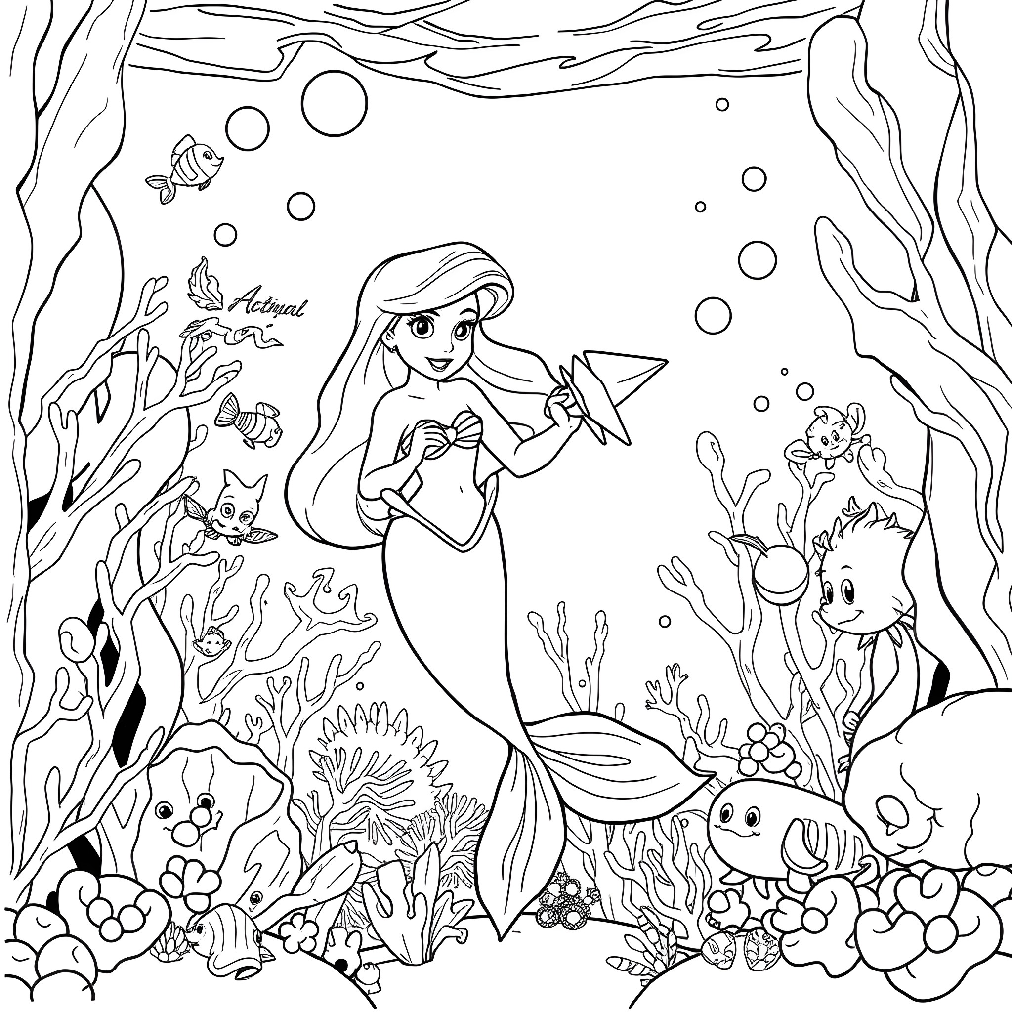 Mermaid exploring the colorful underwater world Coloring Page (free black-and-white line drawing printable PDF for all, from beginners to advanced learners, including children, teens, adults, and seniors)