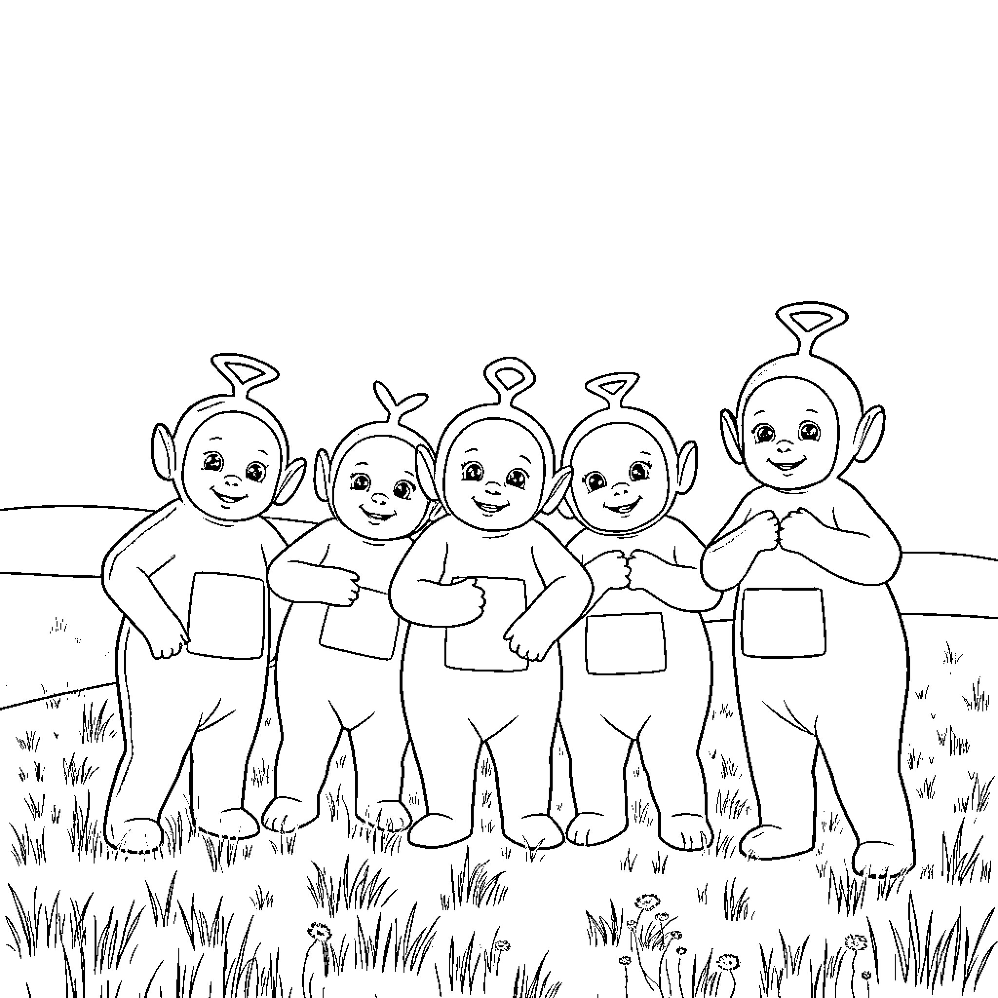 BTS Teletubbies-like Characters Posing Outdoors Coloring Page (free black-and-white line drawing printable PDF for all, from beginners to advanced learners, including children, teens, adults, and seniors)