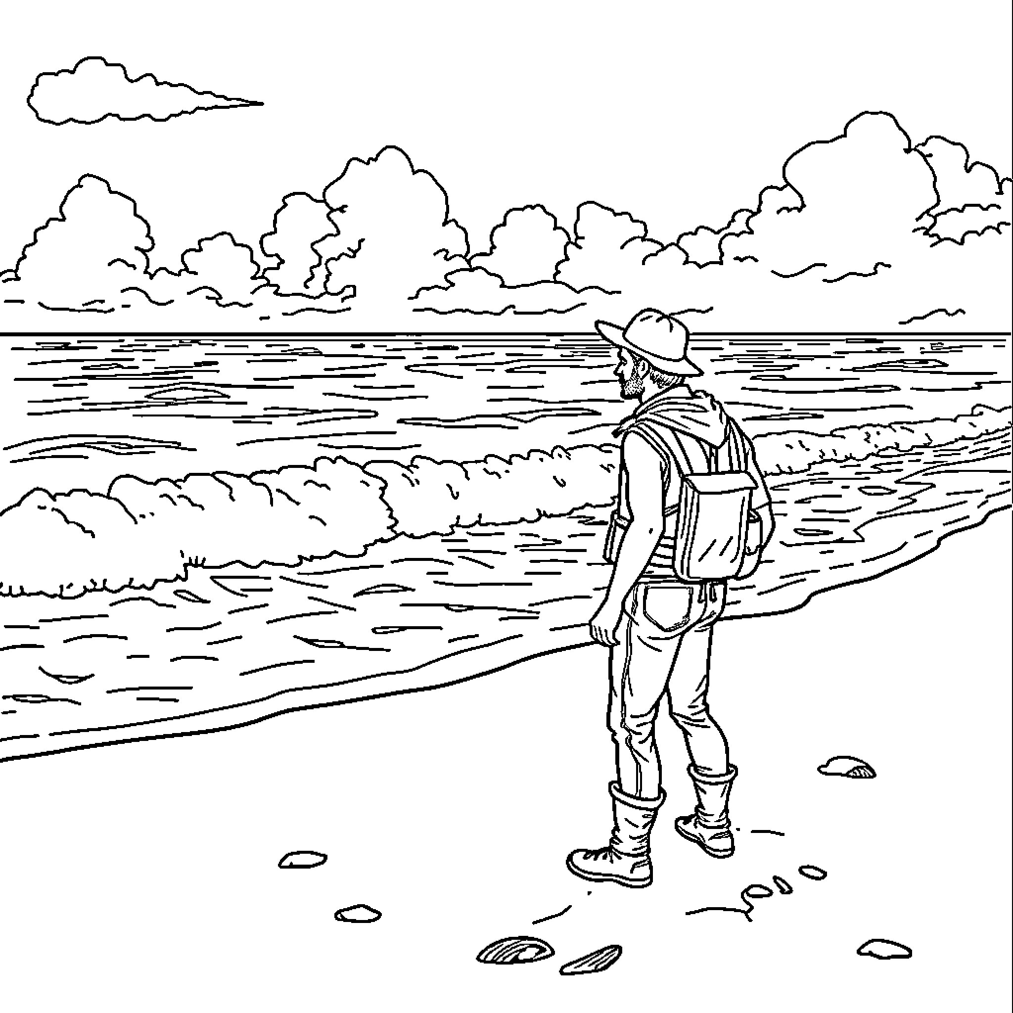 Woodsman explores serene coastal landscape Coloring Page (free black-and-white line drawing printable PDF for all, from beginners to advanced learners, including children, teens, adults, and seniors)