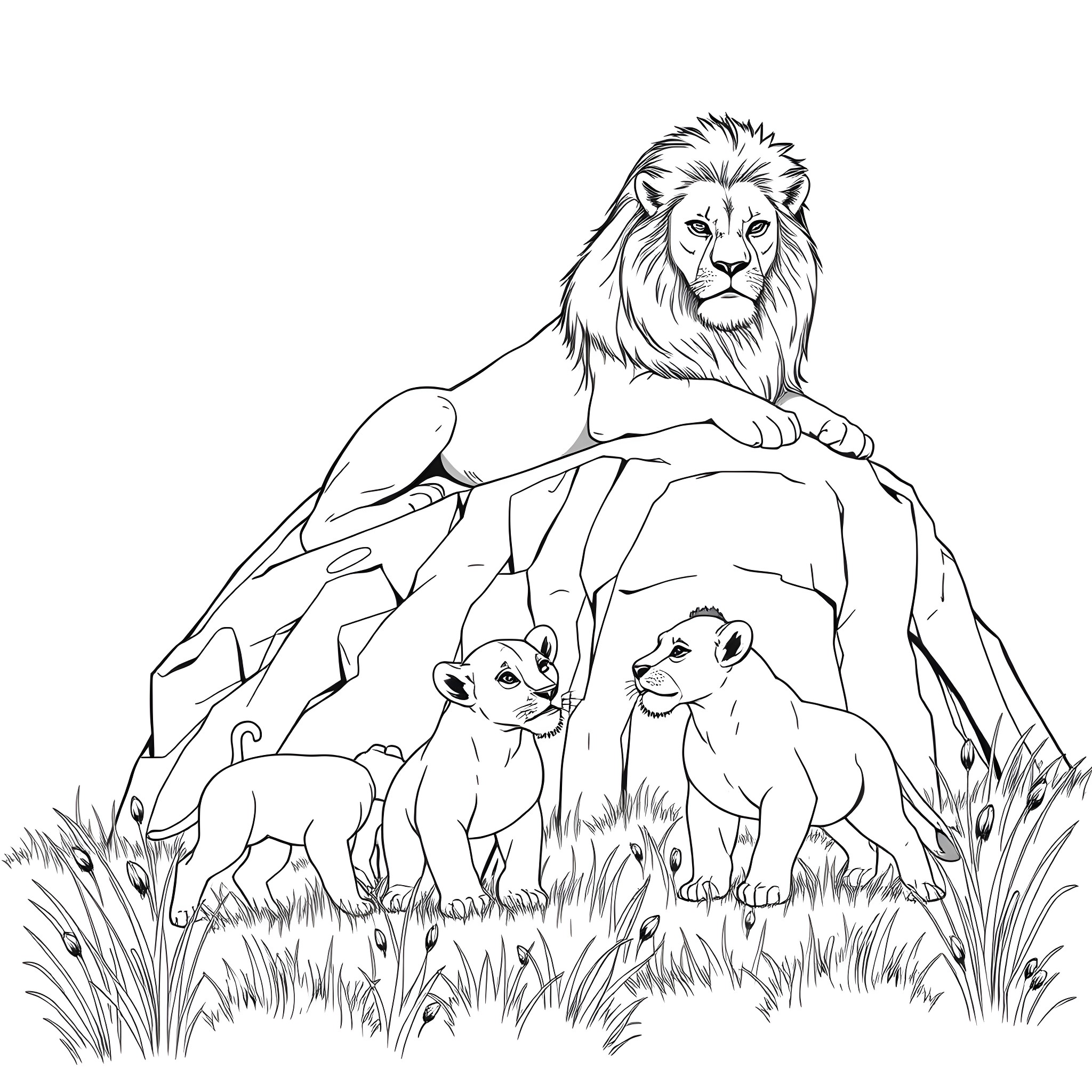 Lion surrounded by cubs in a grassy field Coloring Page (free black-and-white line drawing printable PDF for all, from beginners to advanced learners, including children, teens, adults, and seniors)