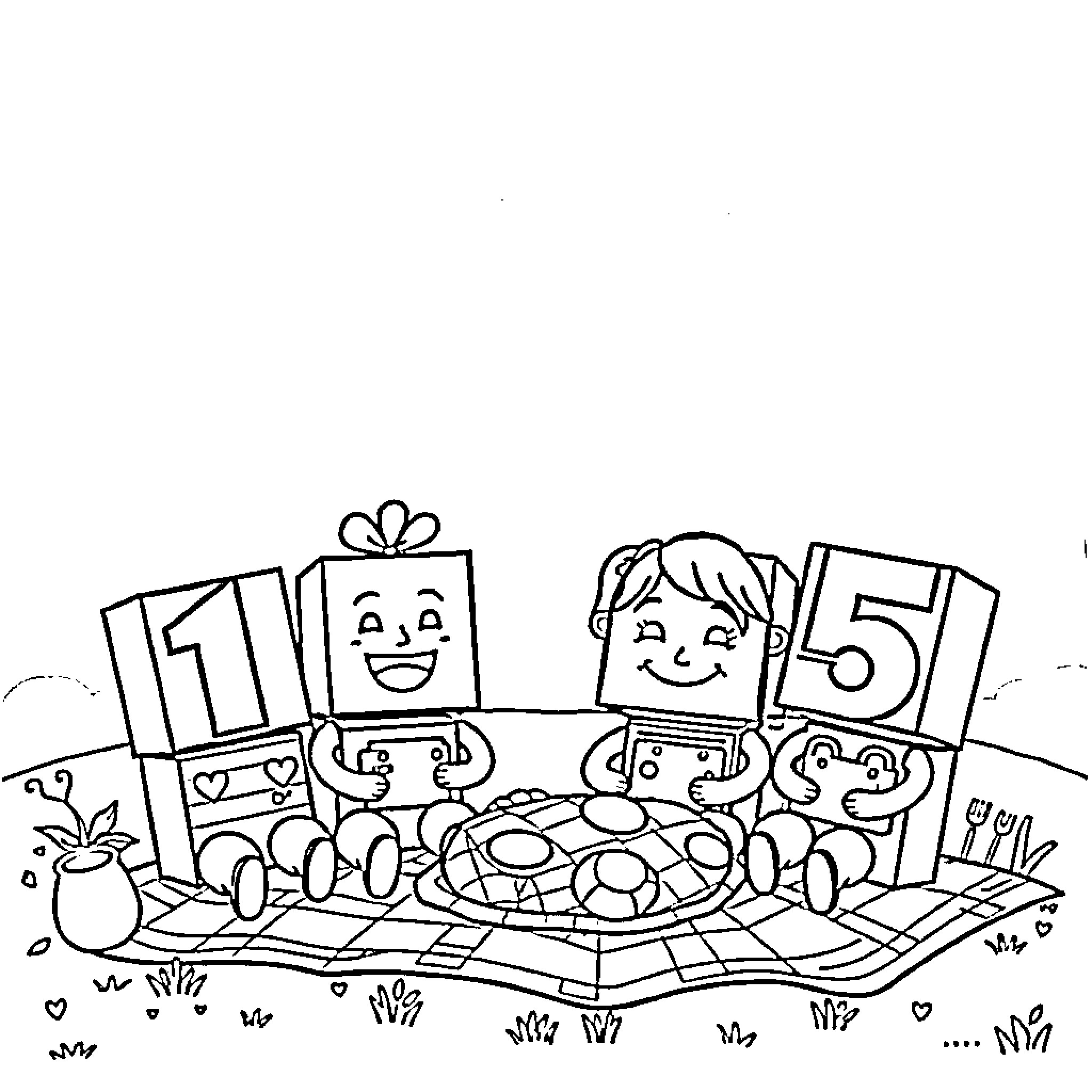 Numberblocks Celebrating with Gift Boxes and Flowers Coloring Page (free black-and-white line drawing printable PDF for all, from beginners to advanced learners, including children, teens, adults, and seniors)