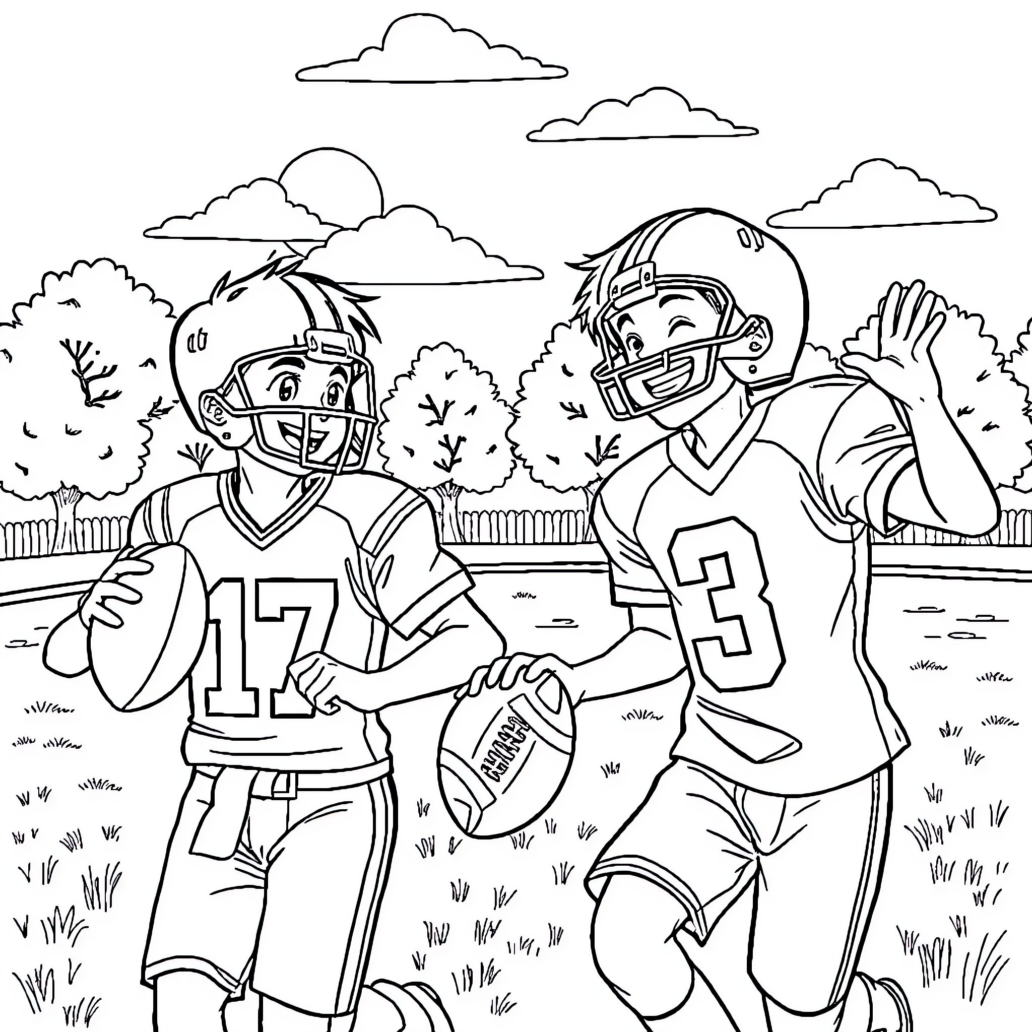 Twin Brothers Playing Football on the Field Coloring Page (free black-and-white line drawing printable PDF for all, from beginners to advanced learners, including children, teens, adults, and seniors)