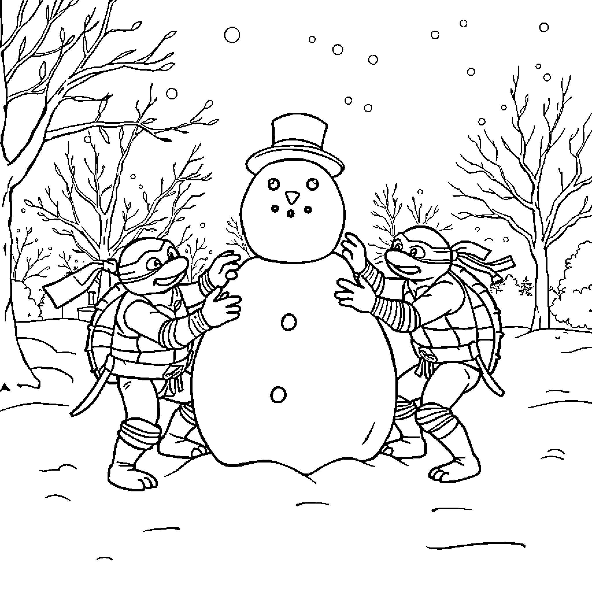 Ninja Turtles building a snowman in the winter Coloring Page (free black-and-white line drawing printable PDF for all, from beginners to advanced learners, including children, teens, adults, and seniors)