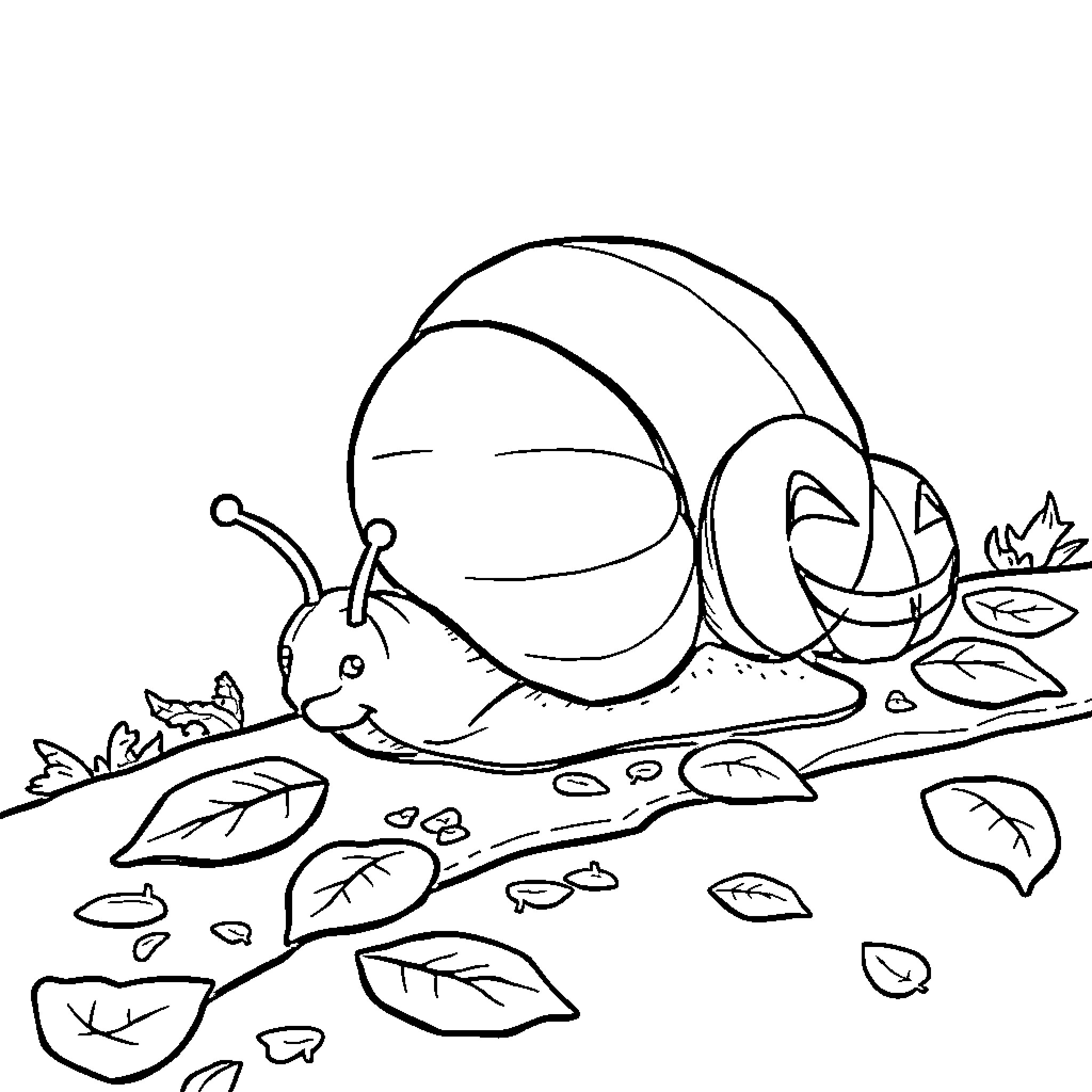 Snail exploring nature with curiosity Coloring Page (free black-and-white line drawing printable PDF for all, from beginners to advanced learners, including children, teens, adults, and seniors)