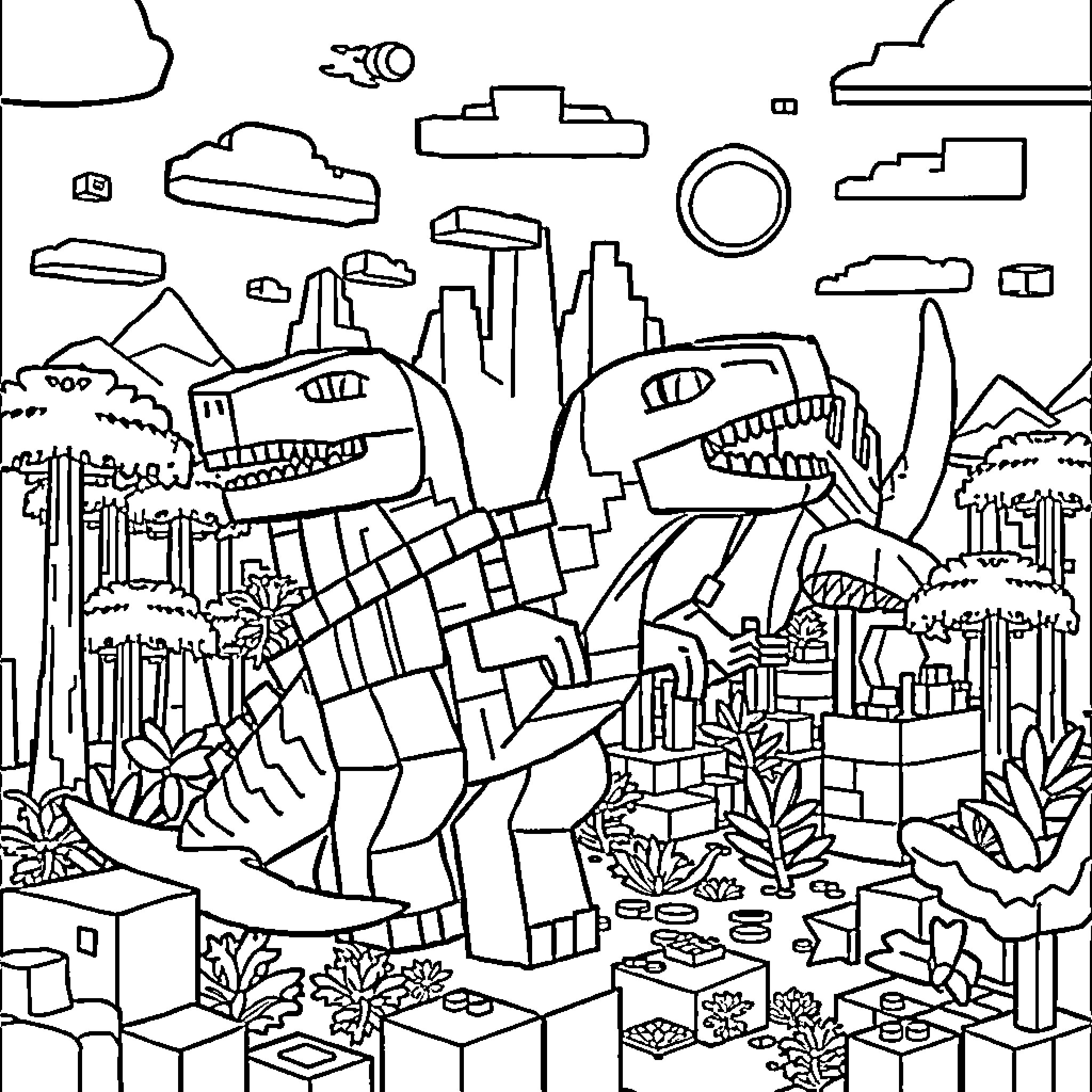 Dinosaur creatures exploring the futuristic city Coloring Page (free black-and-white line drawing printable PDF for all, from beginners to advanced learners, including children, teens, adults, and seniors)