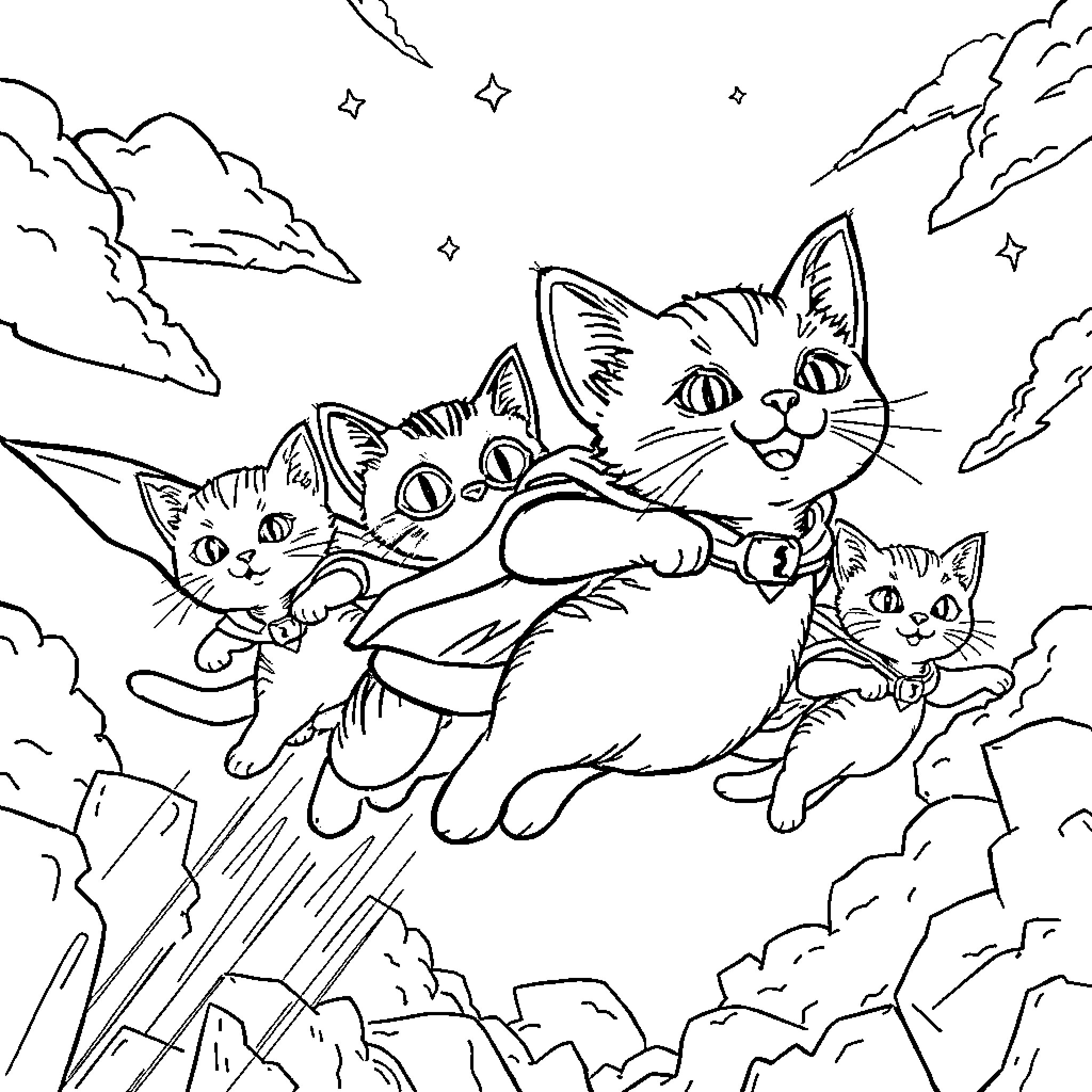 Kitty cats soaring through the sky with stars Coloring Page (free black-and-white line drawing printable PDF for all, from beginners to advanced learners, including children, teens, adults, and seniors)