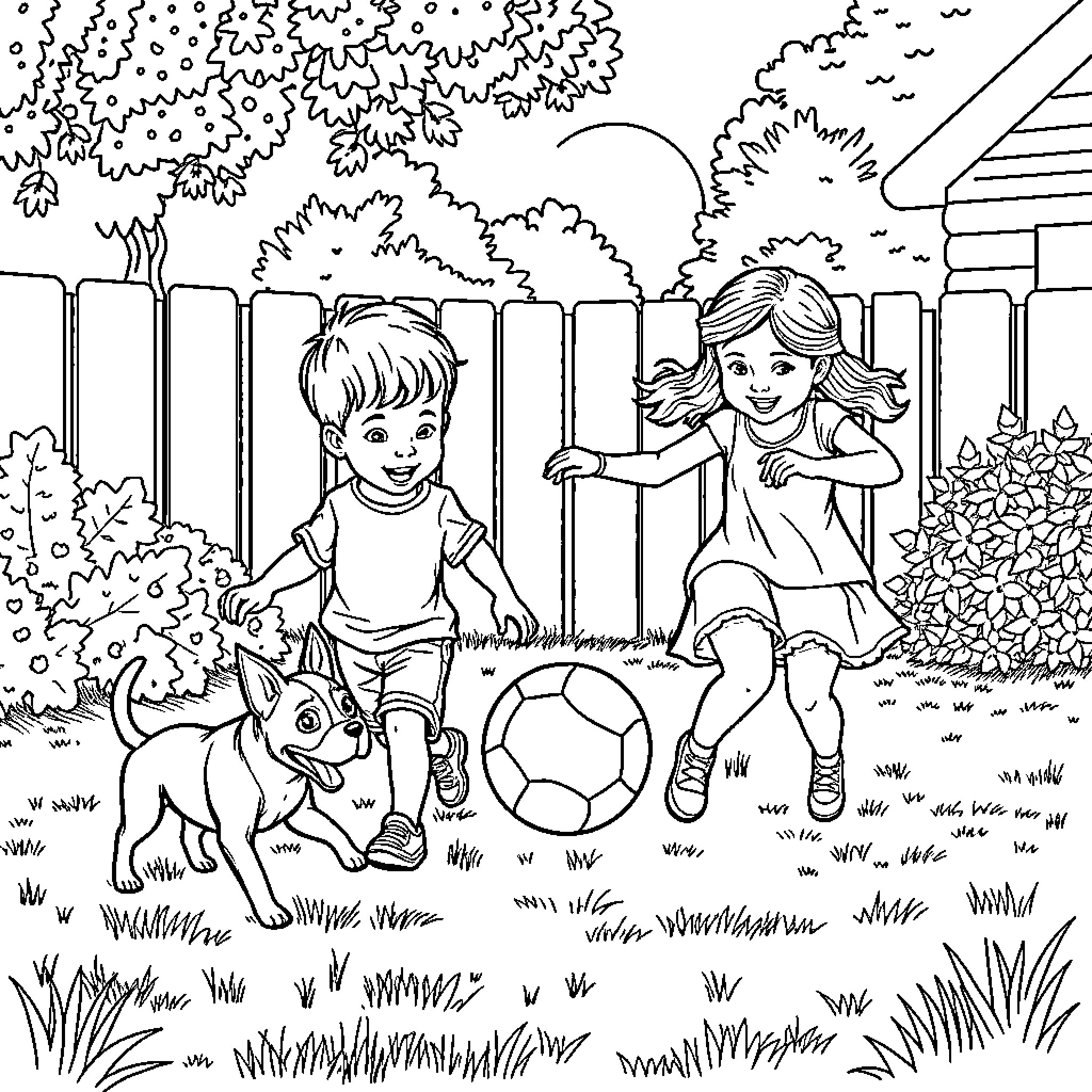 Children playing happily in the backyard Coloring Page (free black-and-white line drawing printable PDF for all, from beginners to advanced learners, including children, teens, adults, and seniors)