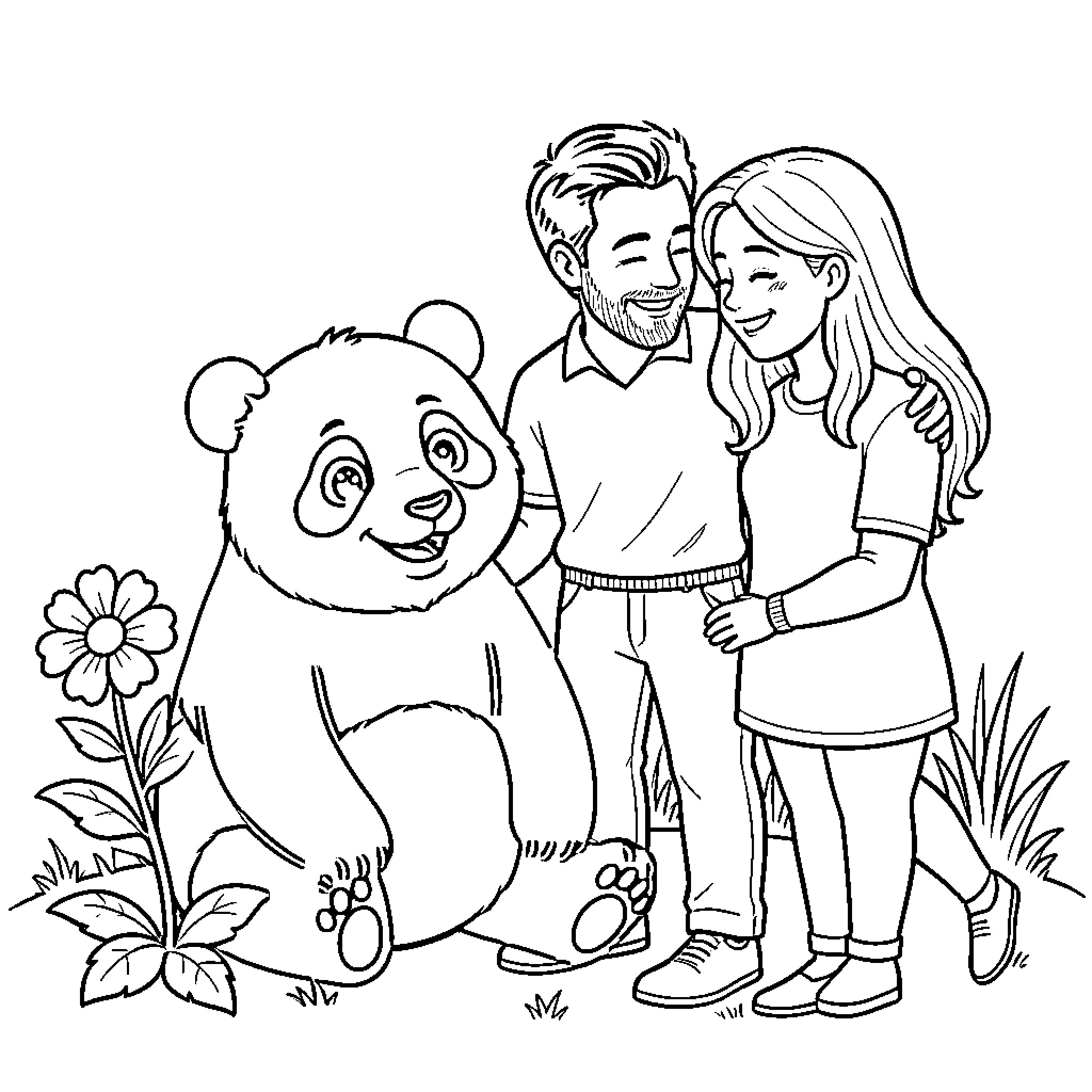 Panda smiling alongside a happy young couple Coloring Page (free black-and-white line drawing printable PDF for all, from beginners to advanced learners, including children, teens, adults, and seniors)