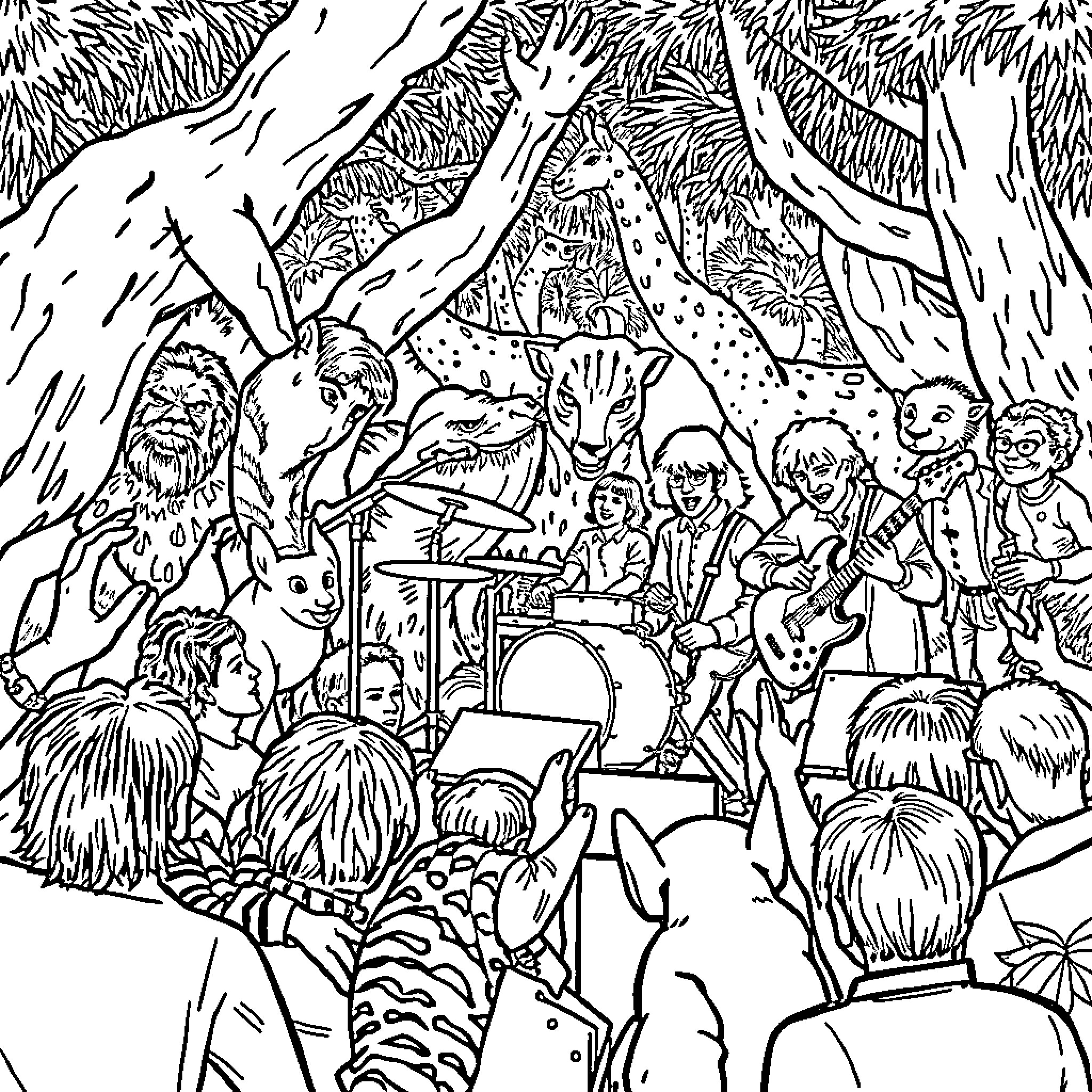 Rolling Stones Live in the Jungle Coloring Page (free black-and-white line drawing printable PDF for all, from beginners to advanced learners, including children, teens, adults, and seniors)