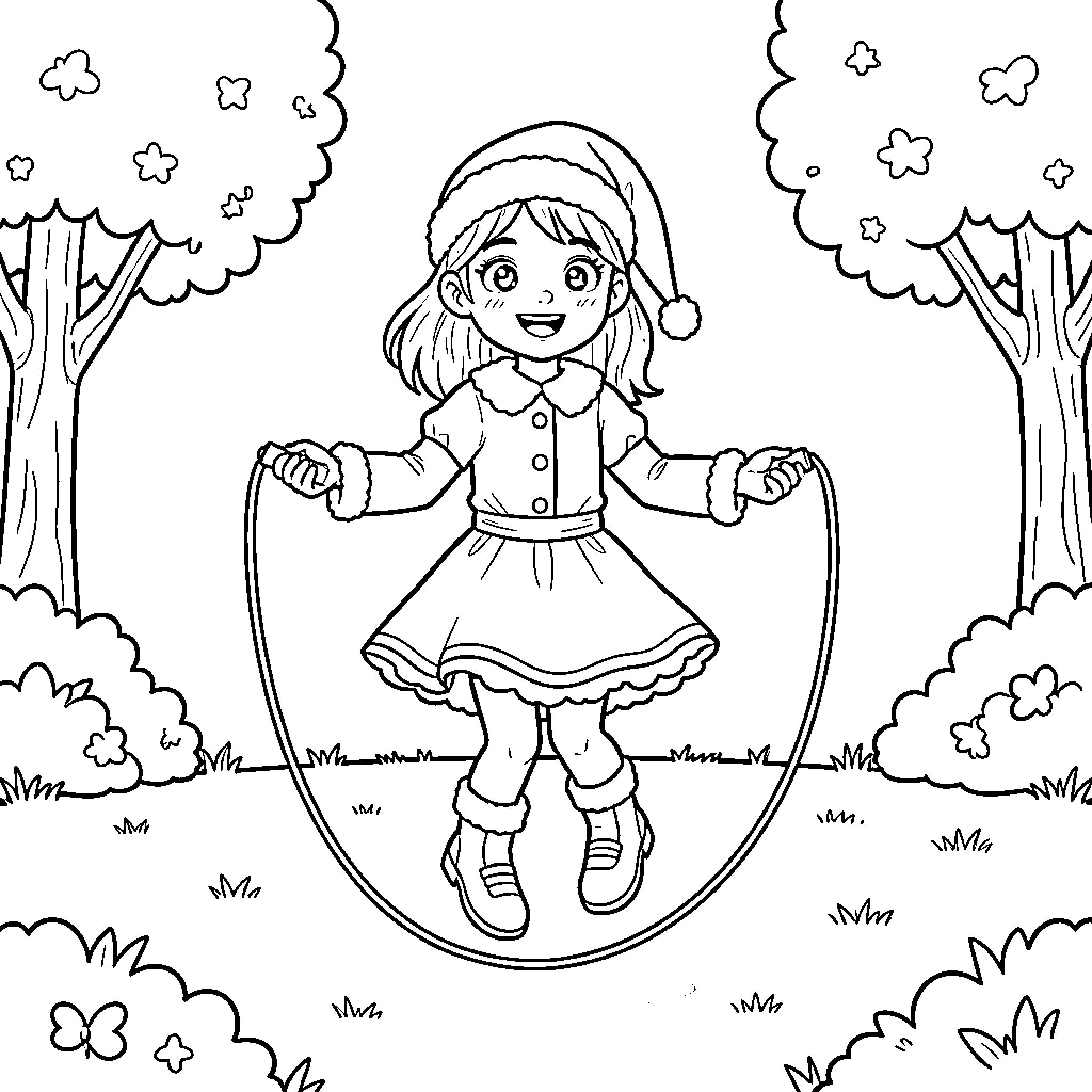 Santa girl jumping joyfully with a jump rope Coloring Page (free black-and-white line drawing printable PDF for all, from beginners to advanced learners, including children, teens, adults, and seniors)