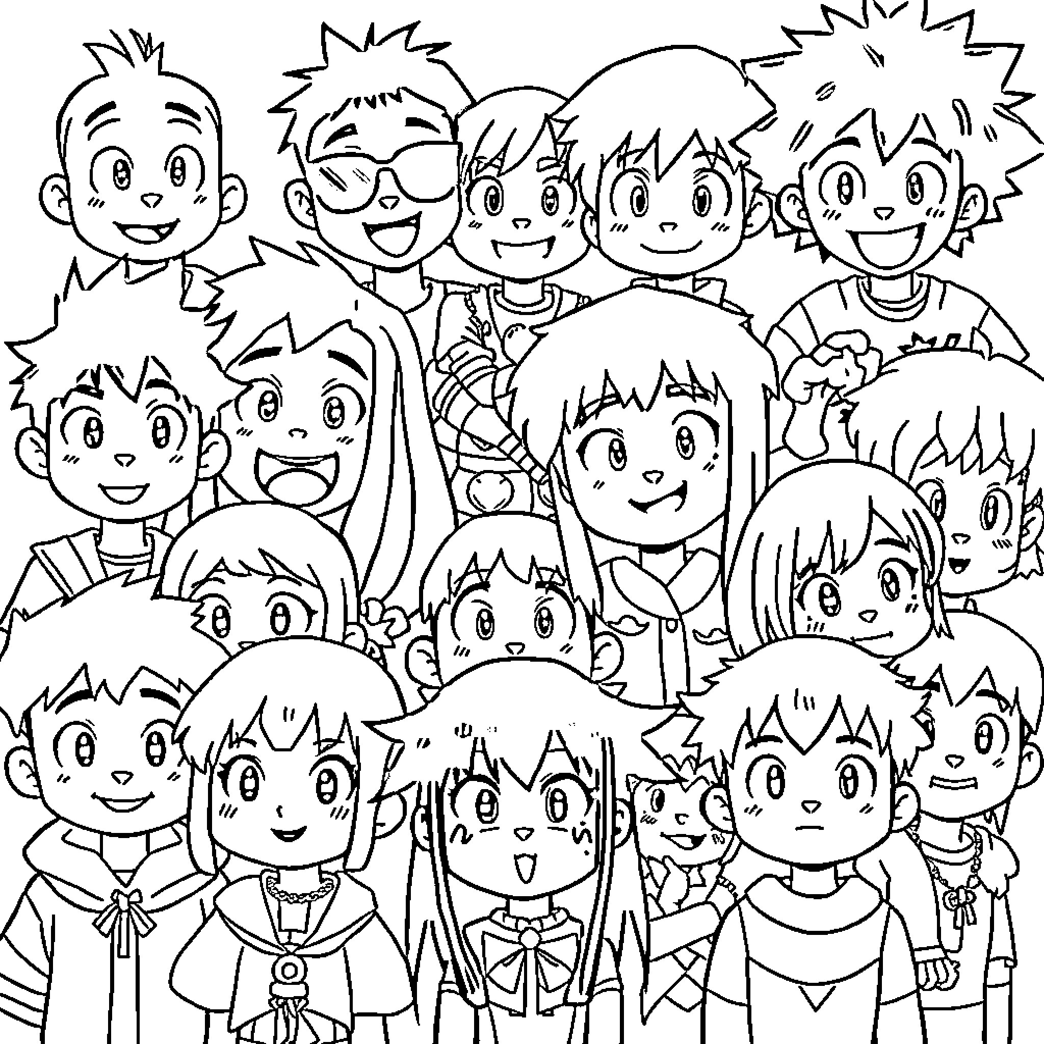 Kid Anime Characters Expressing Cheerful Emotions Coloring Page (free black-and-white line drawing printable PDF for all, from beginners to advanced learners, including children, teens, adults, and seniors)