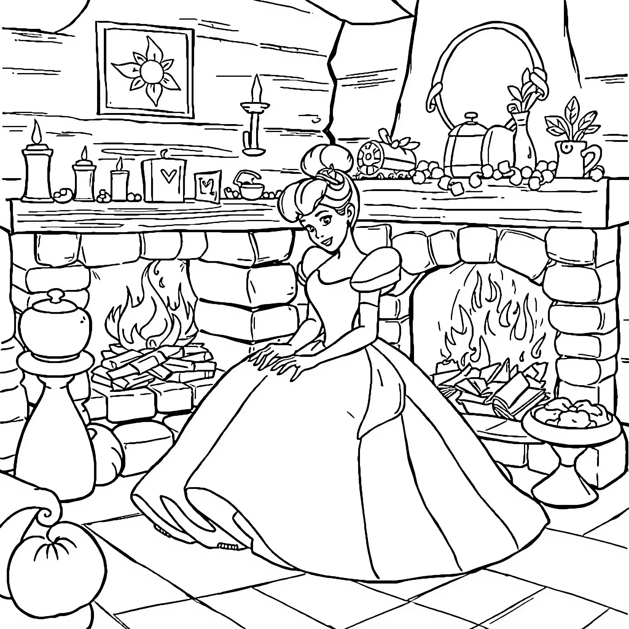 Cinderella's Cozy Fireplace Scene Coloring Page (free black-and-white line drawing printable PDF for all, from beginners to advanced learners, including children, teens, adults, and seniors)