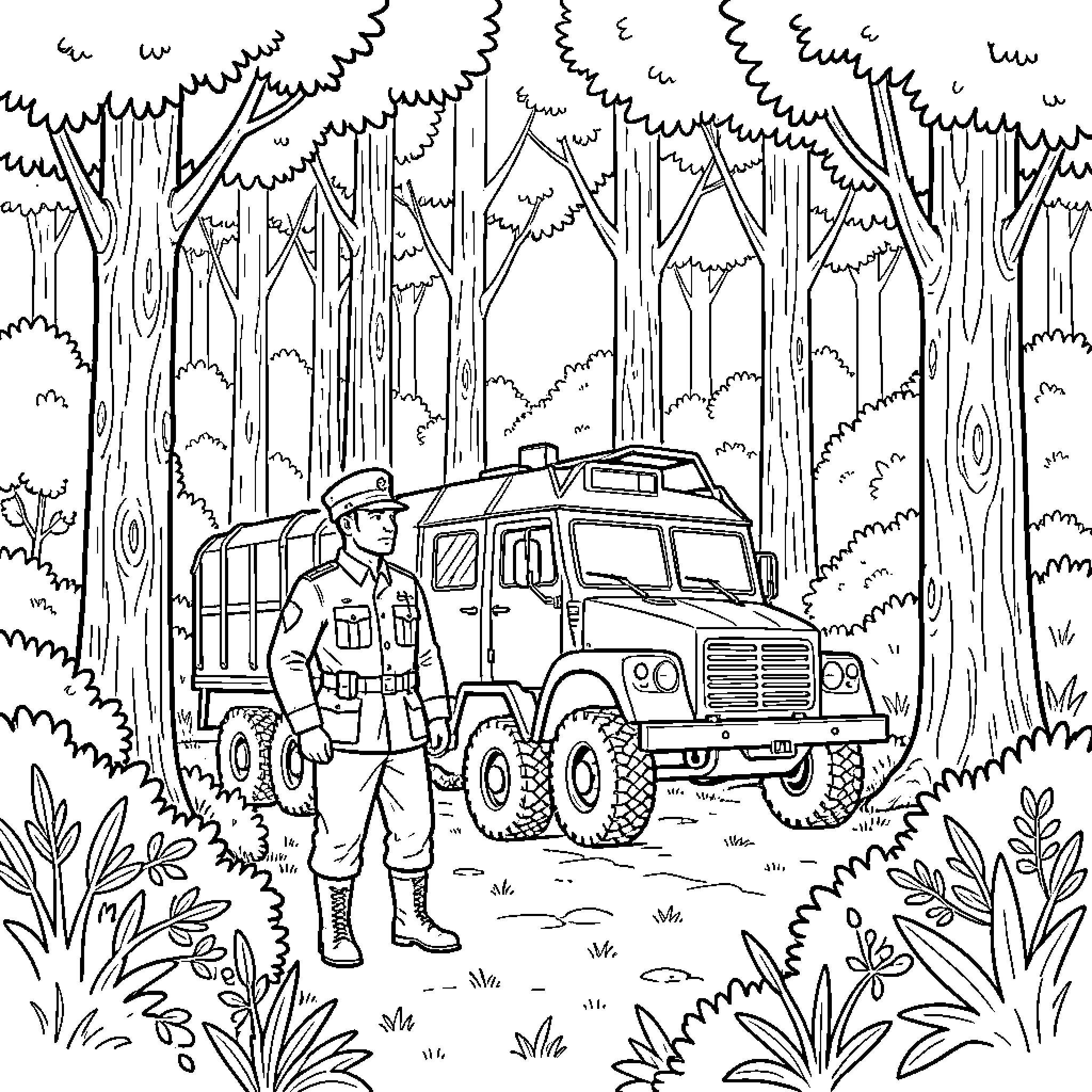 Army Man standing next to a military vehicle Coloring Page (free black-and-white line drawing printable PDF for all, from beginners to advanced learners, including children, teens, adults, and seniors)