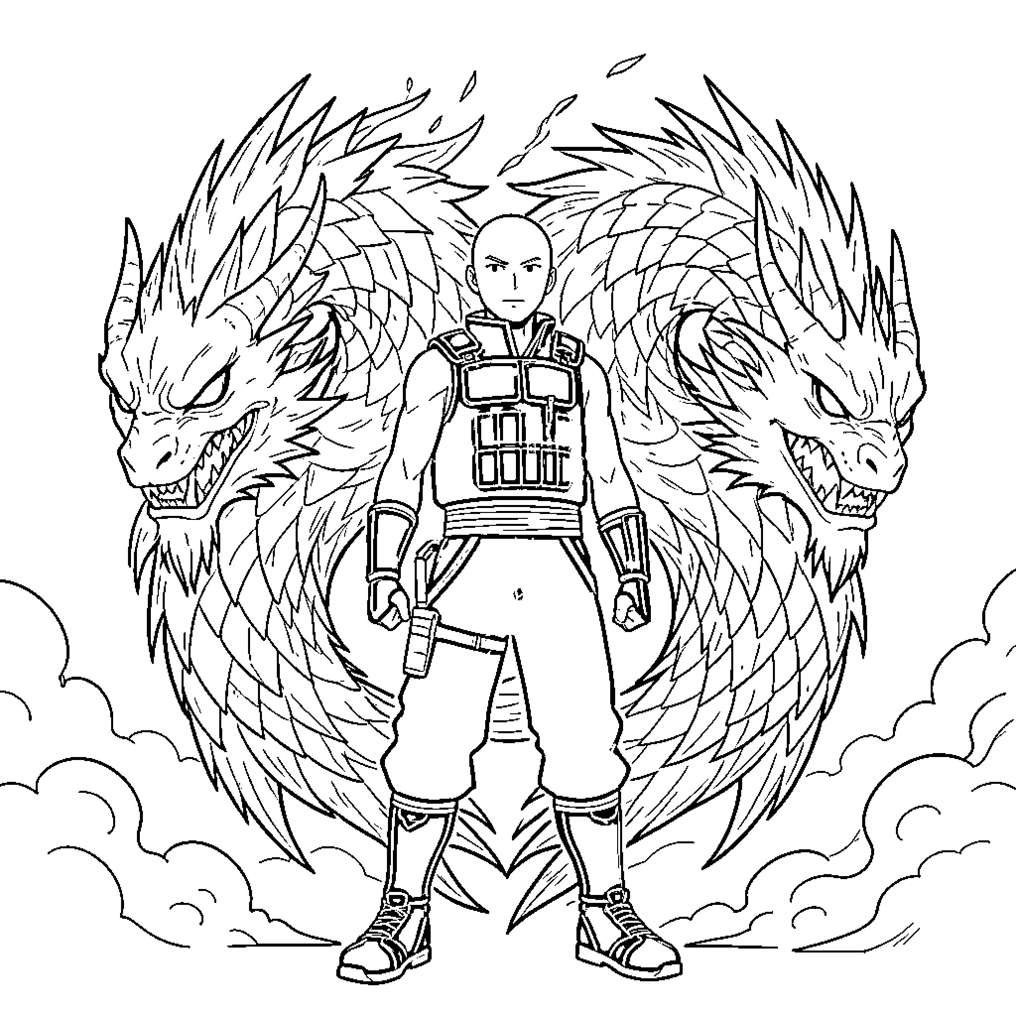 Saitama standing confidently in front of two dragons Coloring Page (free black-and-white line drawing printable PDF for all, from beginners to advanced learners, including children, teens, adults, and seniors)