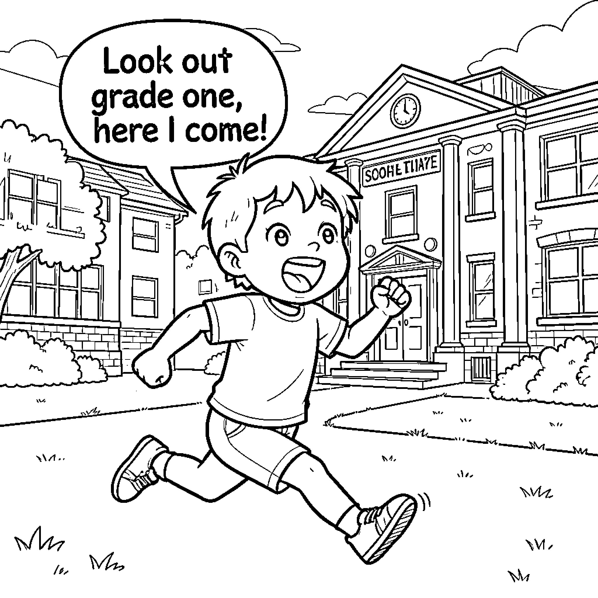 Grade One boy running excitedly towards a school building Coloring Page (free black-and-white line drawing printable PDF for all, from beginners to advanced learners, including children, teens, adults, and seniors)