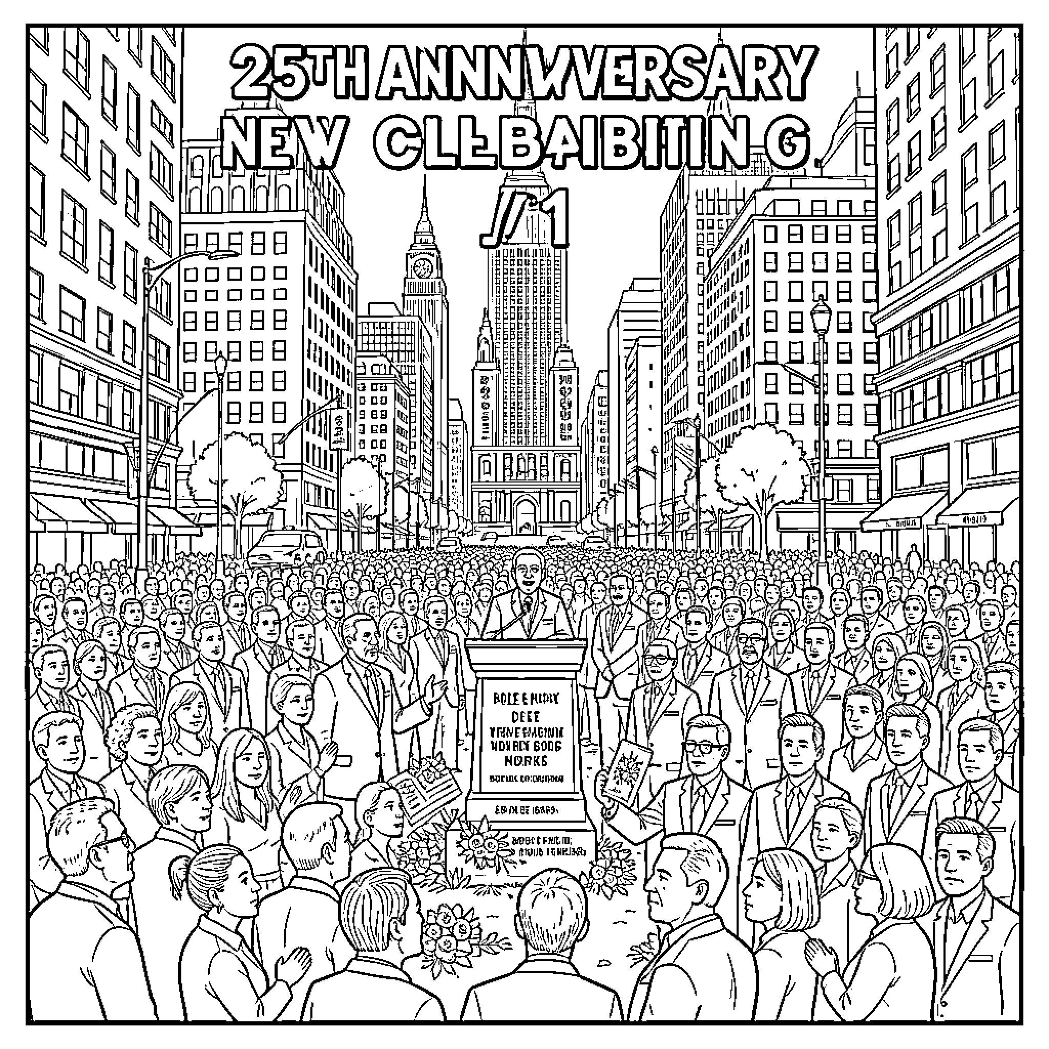 9/11 anniversary celebration with a large crowd in a city Coloring Page (free black-and-white line drawing printable PDF for all, from beginners to advanced learners, including children, teens, adults, and seniors)