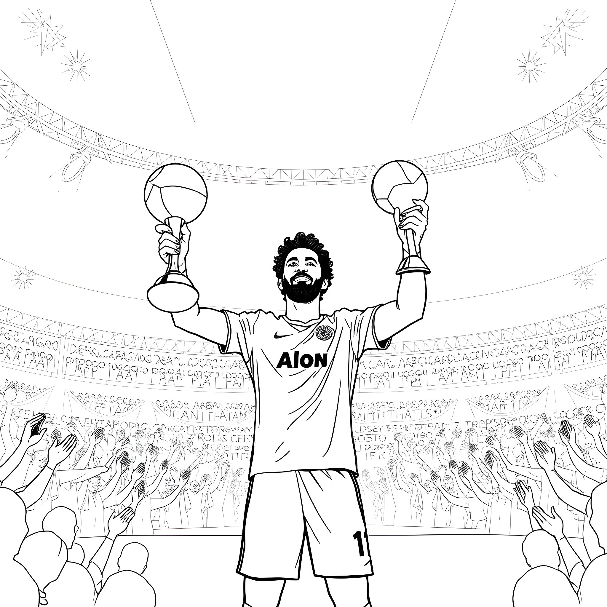 Mo Salah Celebrating Triumphantly on the Field Coloring Page (free black-and-white line drawing printable PDF for all, from beginners to advanced learners, including children, teens, adults, and seniors)
