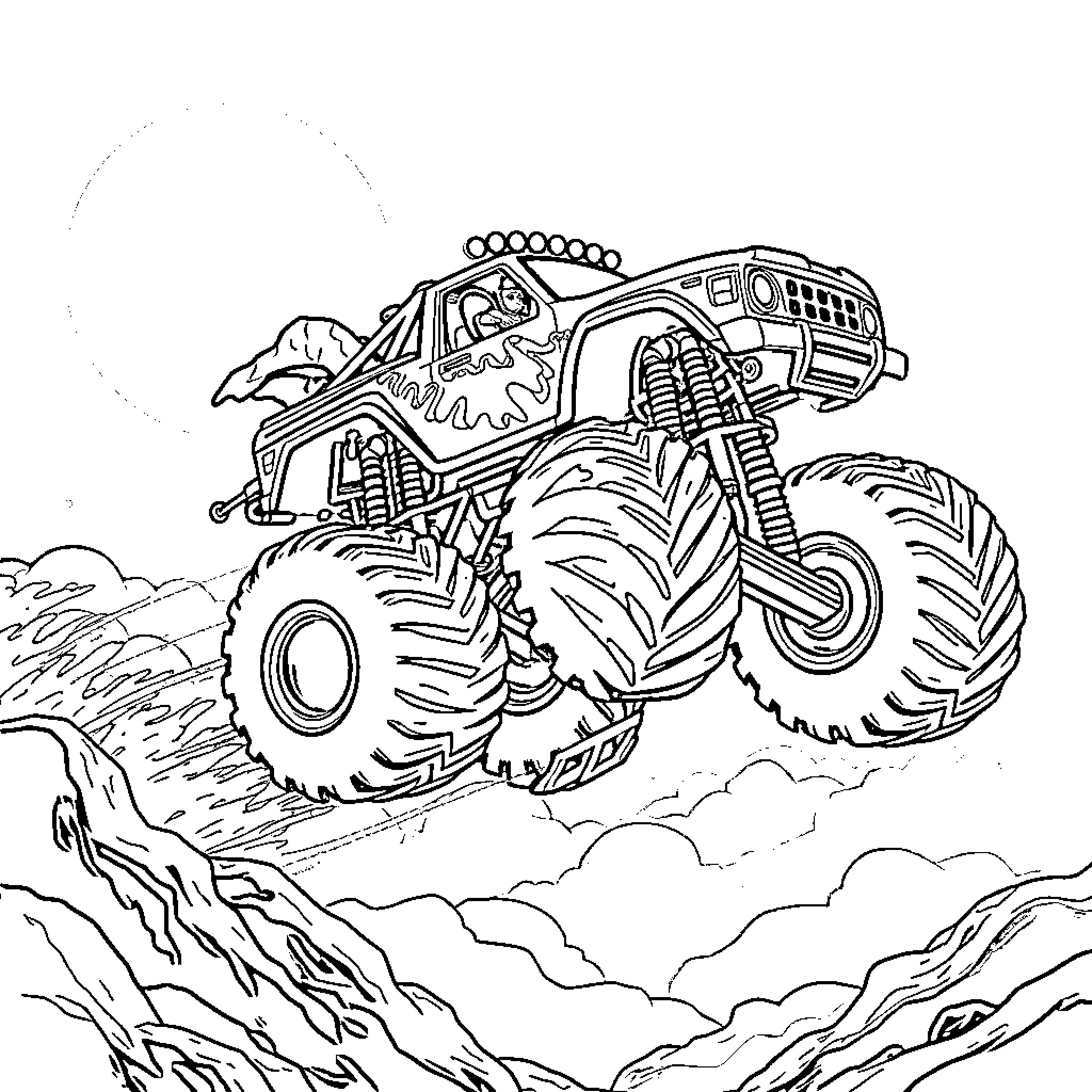 Monster Truck Soaring Over Rugged Terrain Coloring Page (free black-and-white line drawing printable PDF for all, from beginners to advanced learners, including children, teens, adults, and seniors)