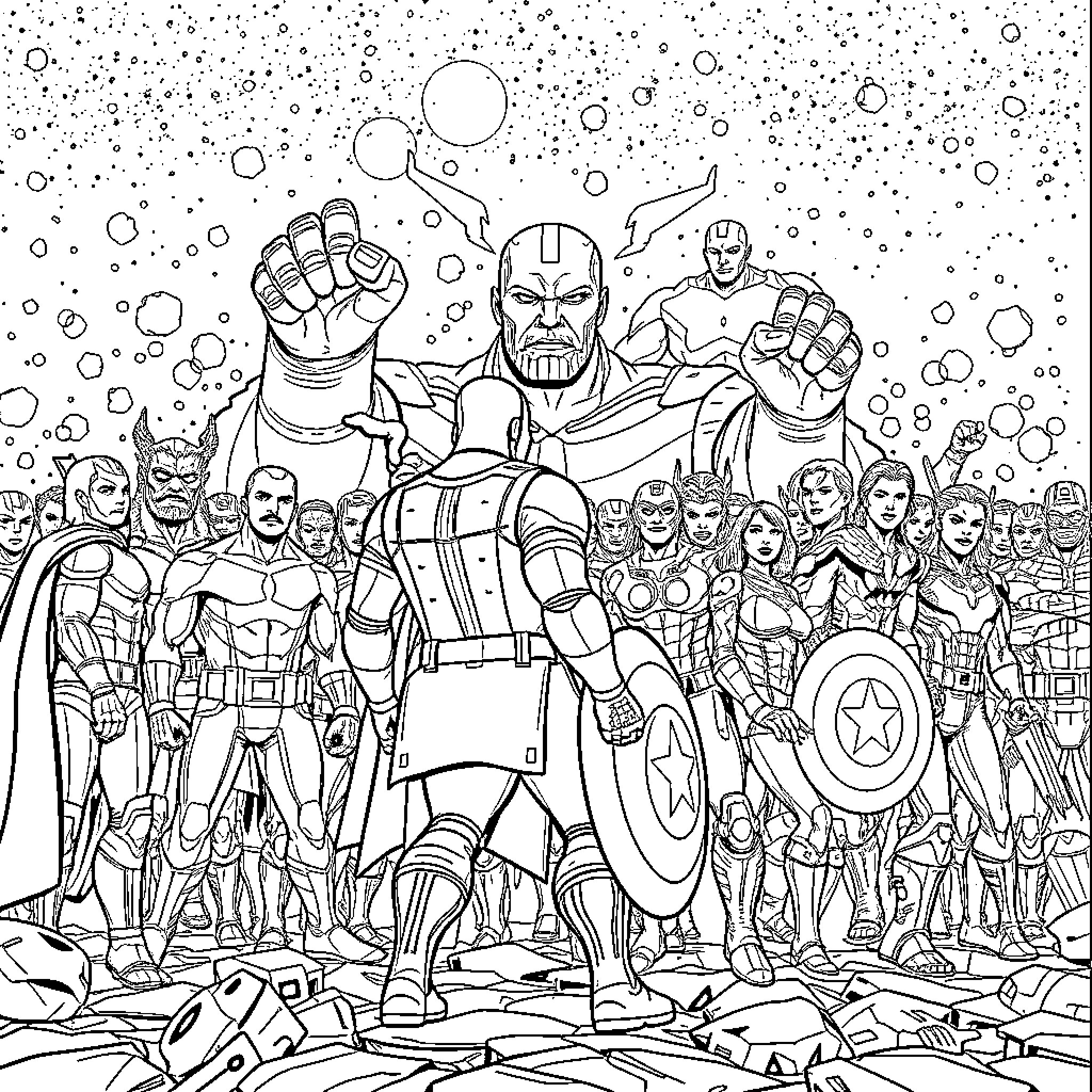 Avengers Assemble for Heroic Battle Coloring Page (free black-and-white line drawing printable PDF for all, from beginners to advanced learners, including children, teens, adults, and seniors)