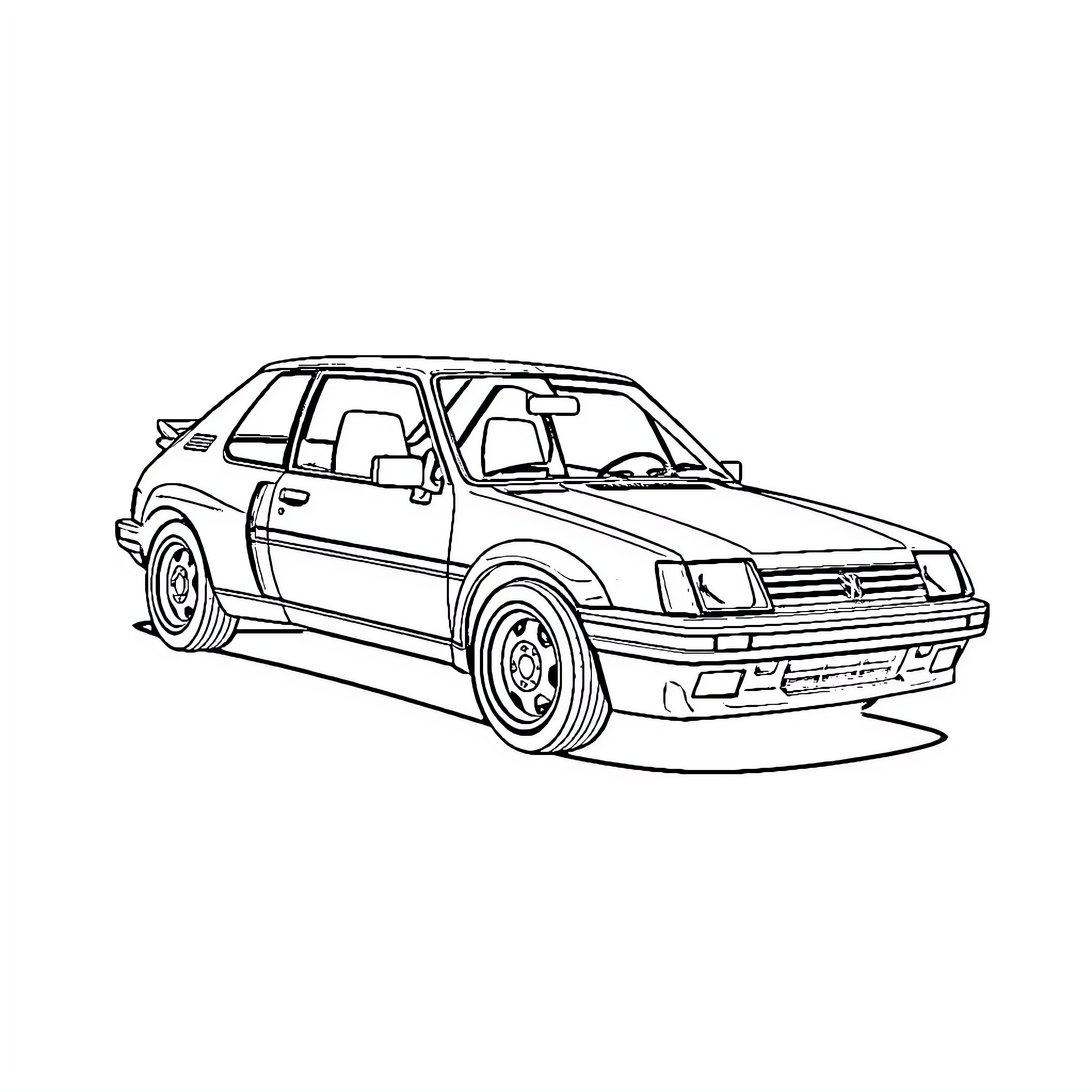 Peugeot hatchback in racing stance Coloring Page (free black-and-white line drawing printable PDF for all, from beginners to advanced learners, including children, teens, adults, and seniors)