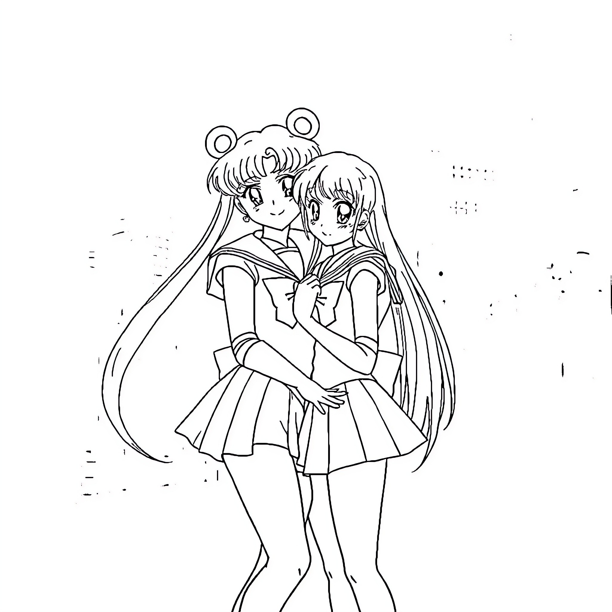 Sailor Moon Characters in Heartfelt Embrace Coloring Page (free black-and-white line drawing printable PDF for all, from beginners to advanced learners, including children, teens, adults, and seniors)