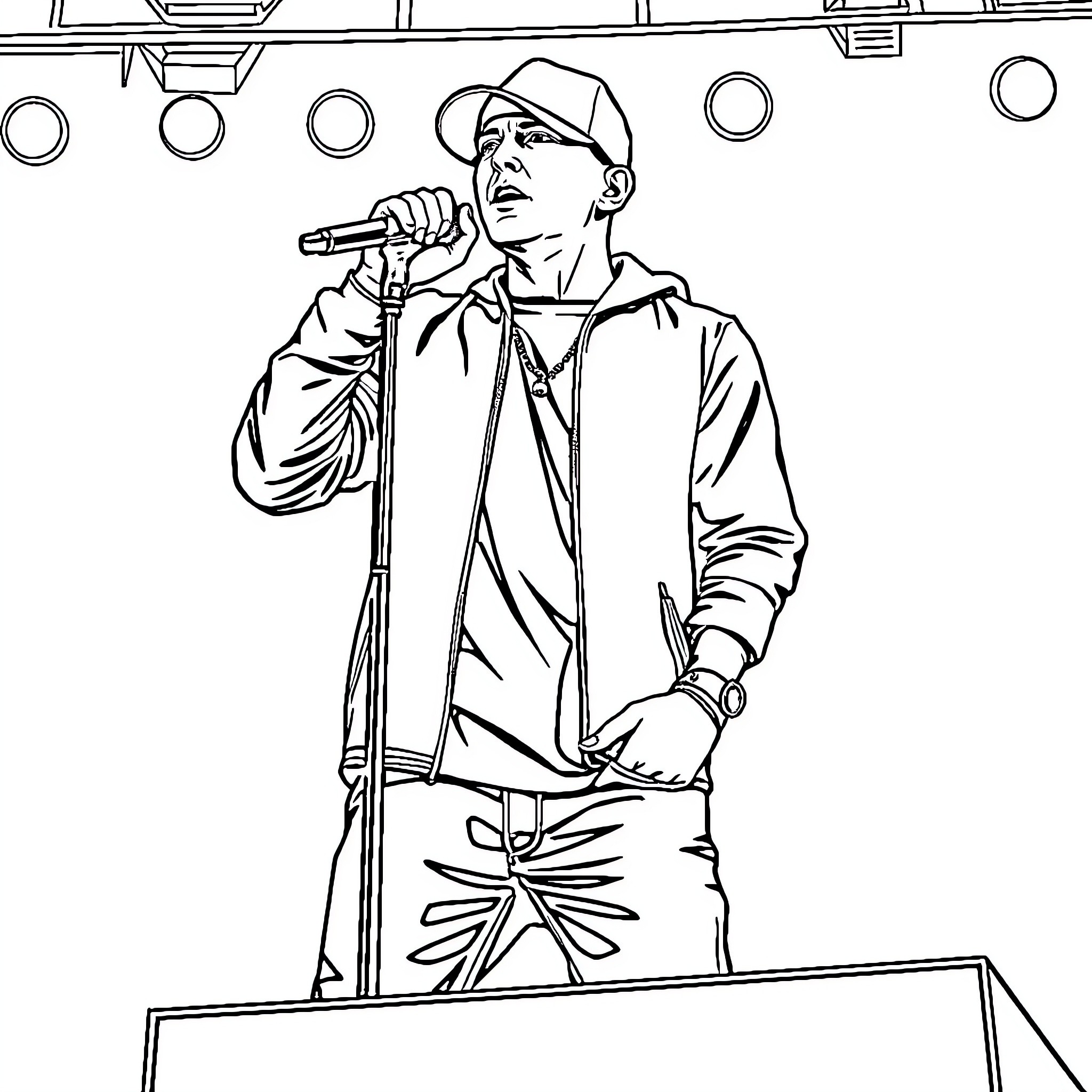 Eminem Performing on Stage with Microphone Coloring Page (free black-and-white line drawing printable PDF for all, from beginners to advanced learners, including children, teens, adults, and seniors)