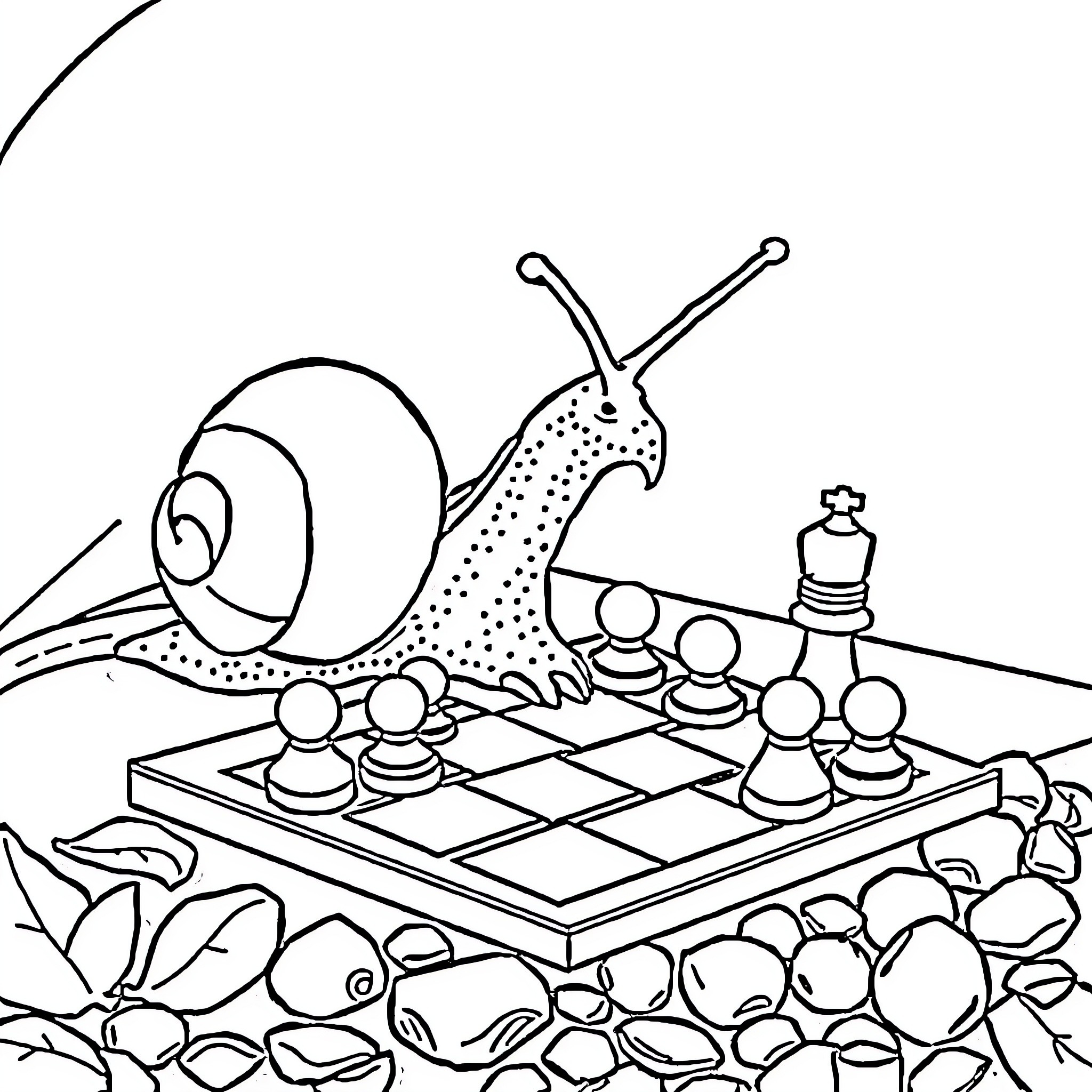 Snail playing chess with its friends Coloring Page (free black-and-white line drawing printable PDF for all, from beginners to advanced learners, including children, teens, adults, and seniors)