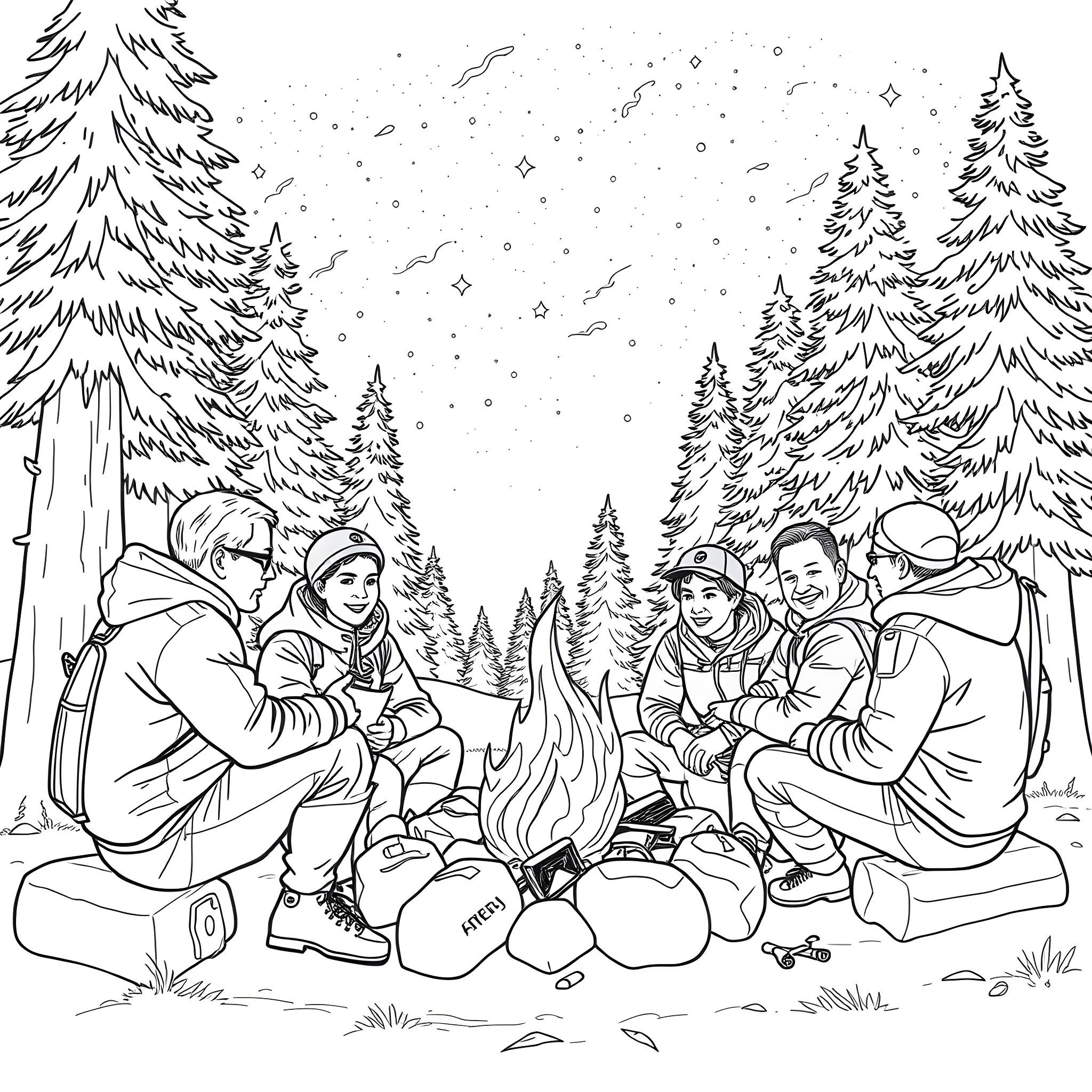 Expedition group camping in snowy forest Coloring Page (free black-and-white line drawing printable PDF for all, from beginners to advanced learners, including children, teens, adults, and seniors)