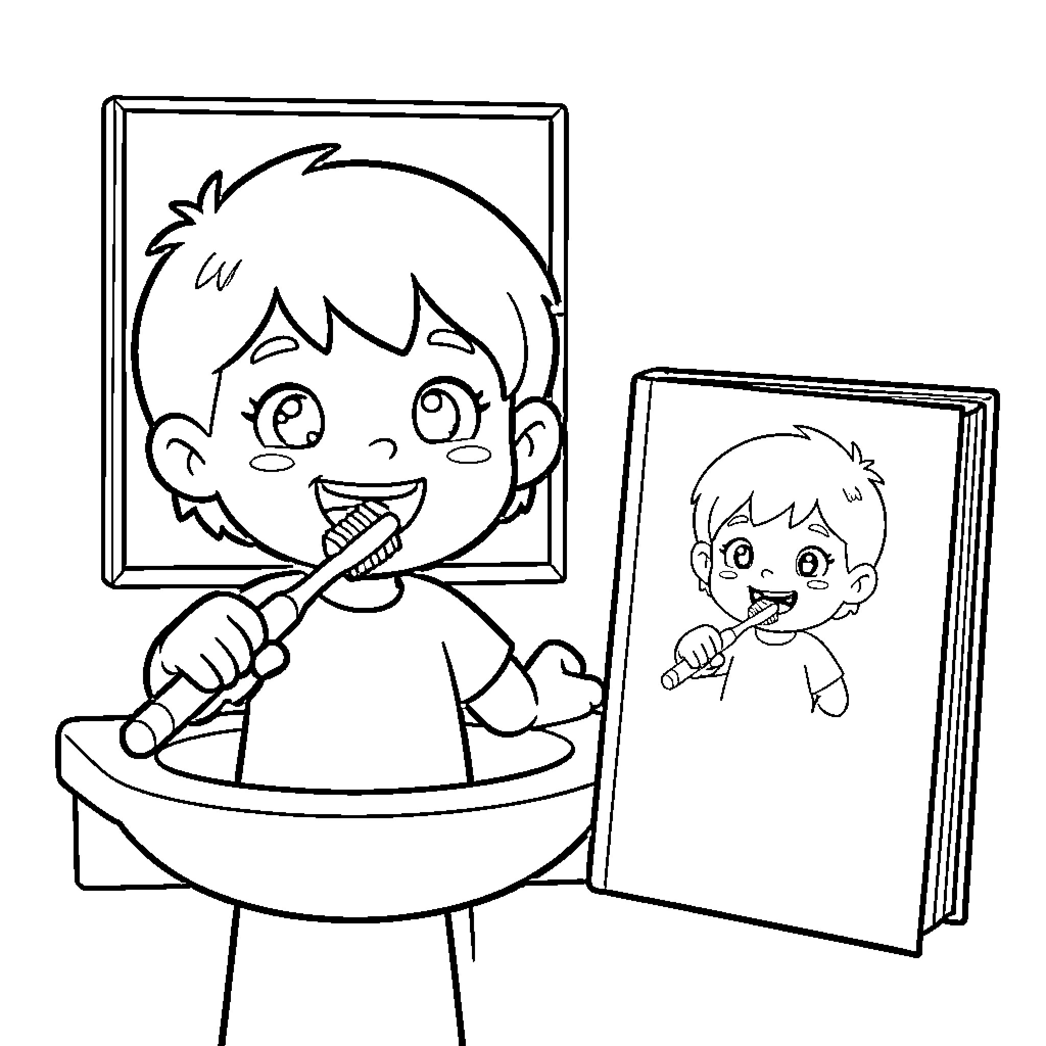 Child brushing teeth and looking at picture frame Coloring Page (free black-and-white line drawing printable PDF for all, from beginners to advanced learners, including children, teens, adults, and seniors)
