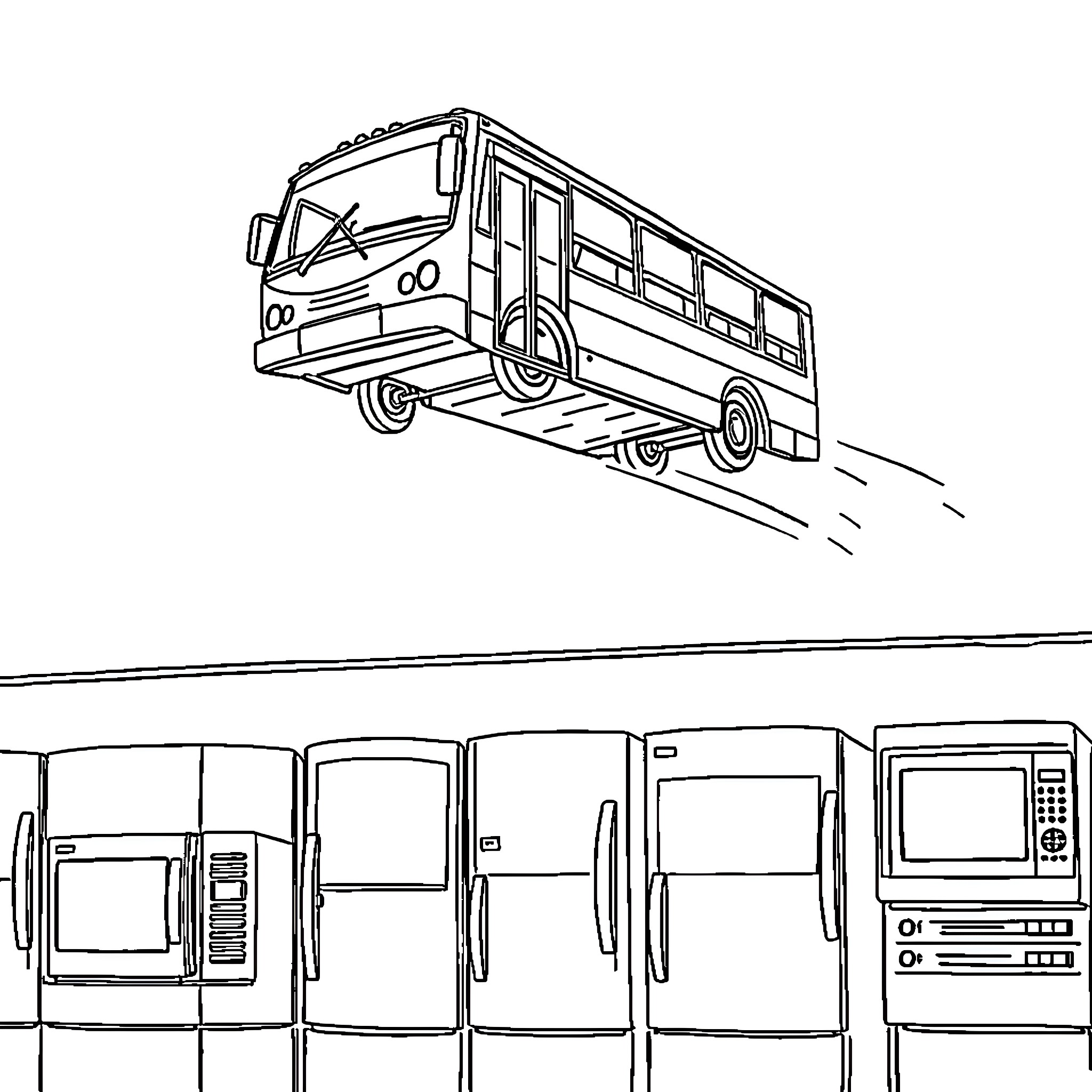Bus in motion on the road with household appliances Coloring Page (free black-and-white line drawing printable PDF for all, from beginners to advanced learners, including children, teens, adults, and seniors)