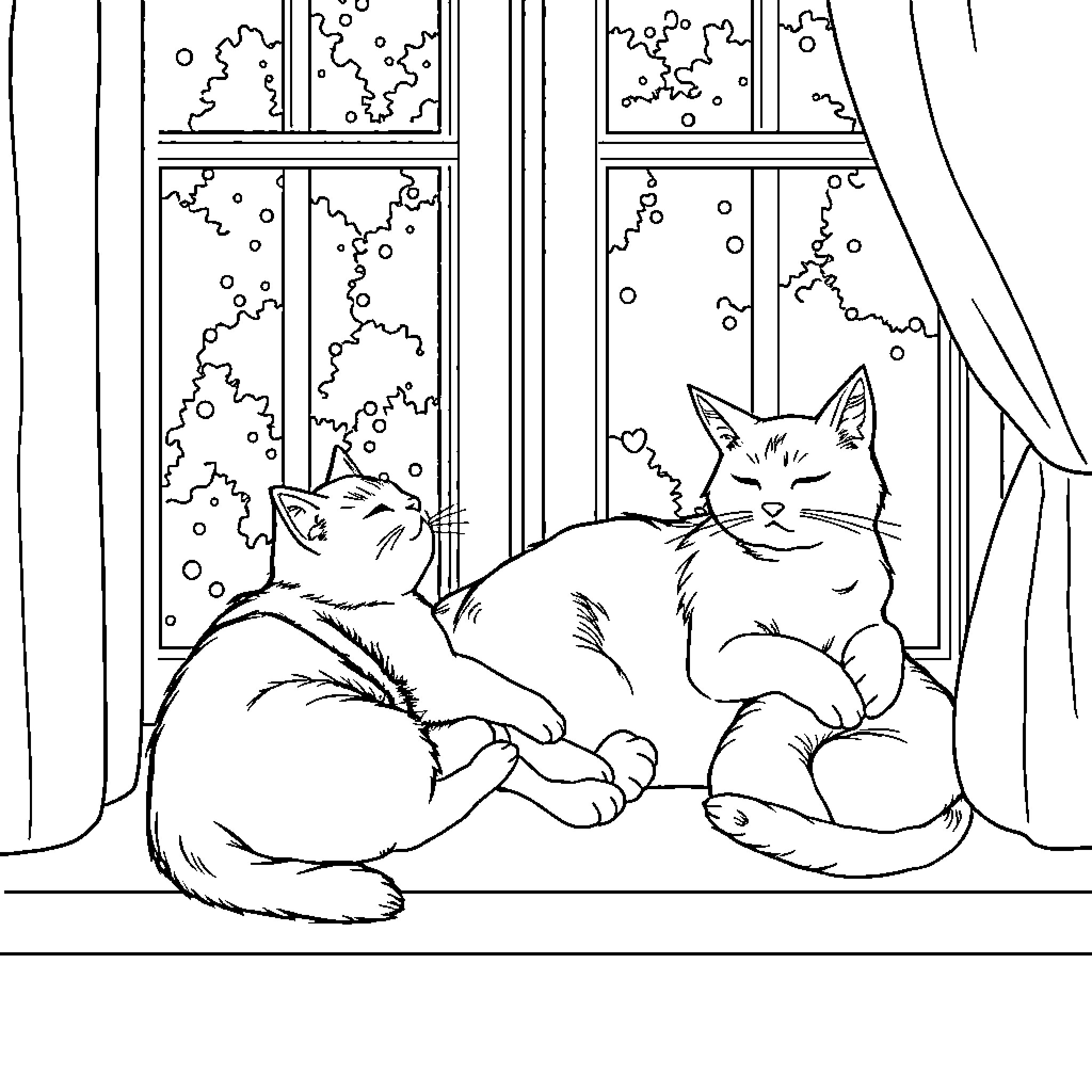Cats relaxing by the window on a snowy day Coloring Page (free black-and-white line drawing printable PDF for all, from beginners to advanced learners, including children, teens, adults, and seniors)