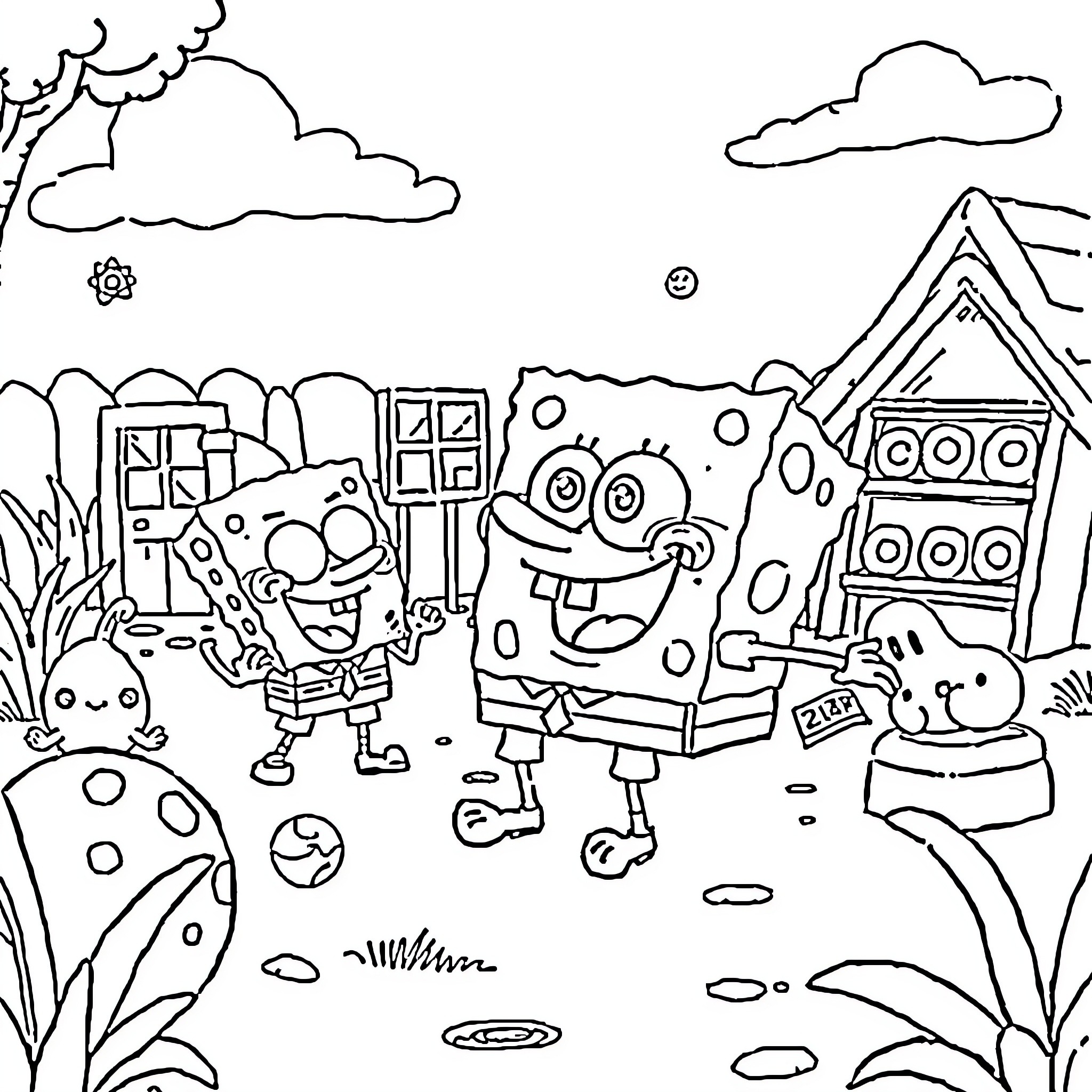 Spongebob and friends explore a colorful outdoor scene Coloring Page (free black-and-white line drawing printable PDF for all, from beginners to advanced learners, including children, teens, adults, and seniors)
