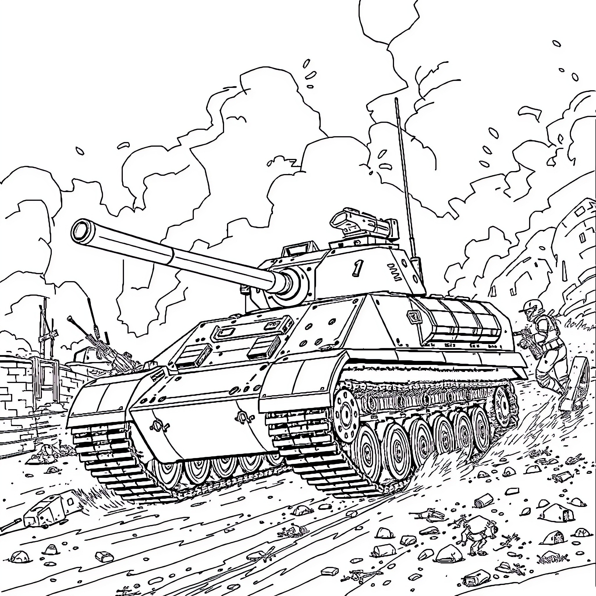 Land Raider Tank Advancing Through Battleground Coloring Page (free black-and-white line drawing printable PDF for all, from beginners to advanced learners, including children, teens, adults, and seniors)