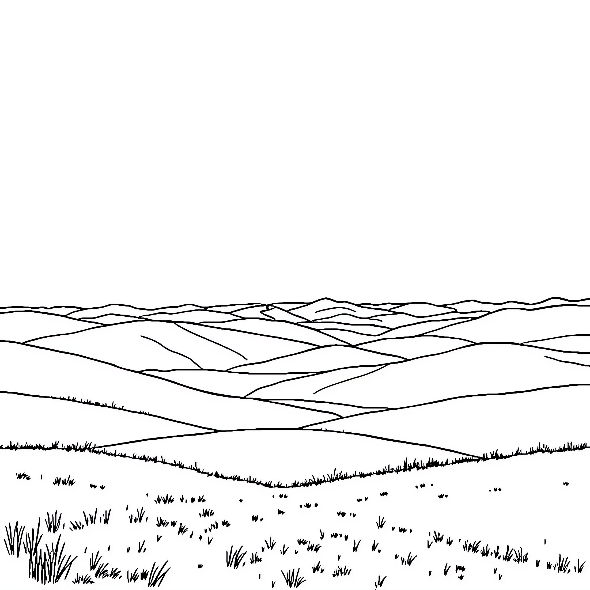 Landscape of rolling hills and meadows Coloring Page (free black-and-white line drawing printable PDF for all, from beginners to advanced learners, including children, teens, adults, and seniors)